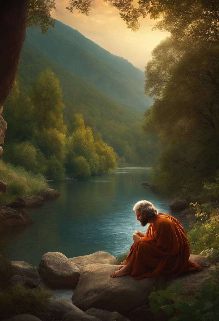 Socrates by the river with a young boy in the middle of the mountains