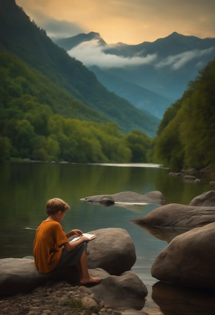 Socrates by the river with a young boy in the middle of the mountains