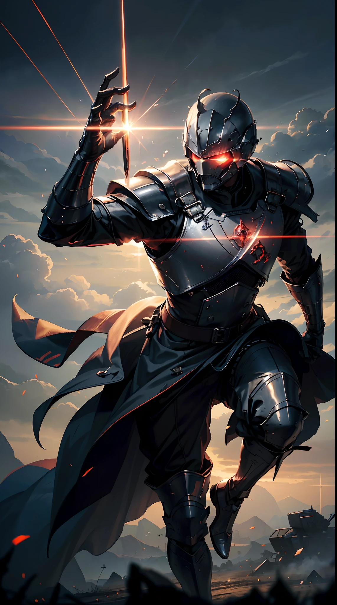 Father general holding swords, general suits, general hats, Jumping slash pose. tanks and soldiers in the background,red blood element,hd light and dark, balance rendering, HD lighting and dark )<=(epic image quality)dark atmosphere with bright particle light(many effects in background)