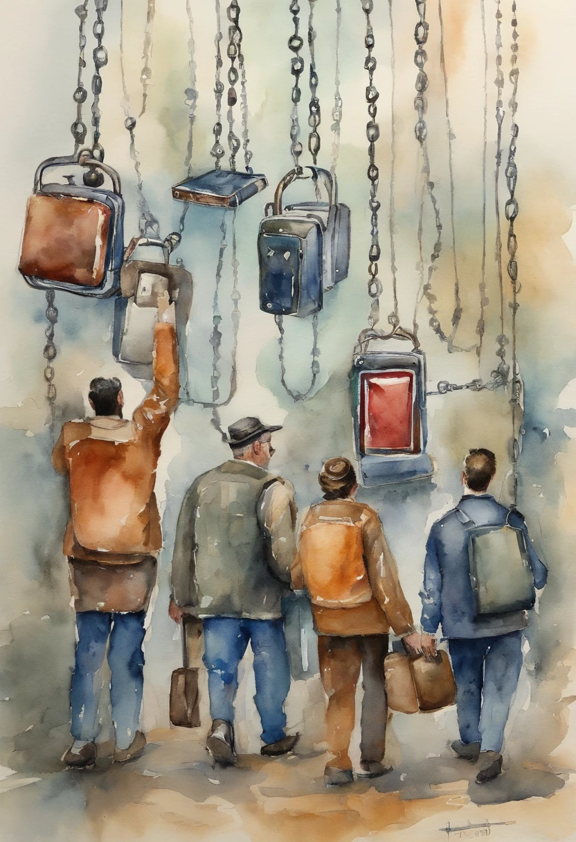 Illustrate people carrying enormous smartphones that bind them like ball and chain, symbolizing addiction to technology and loss of privacy.