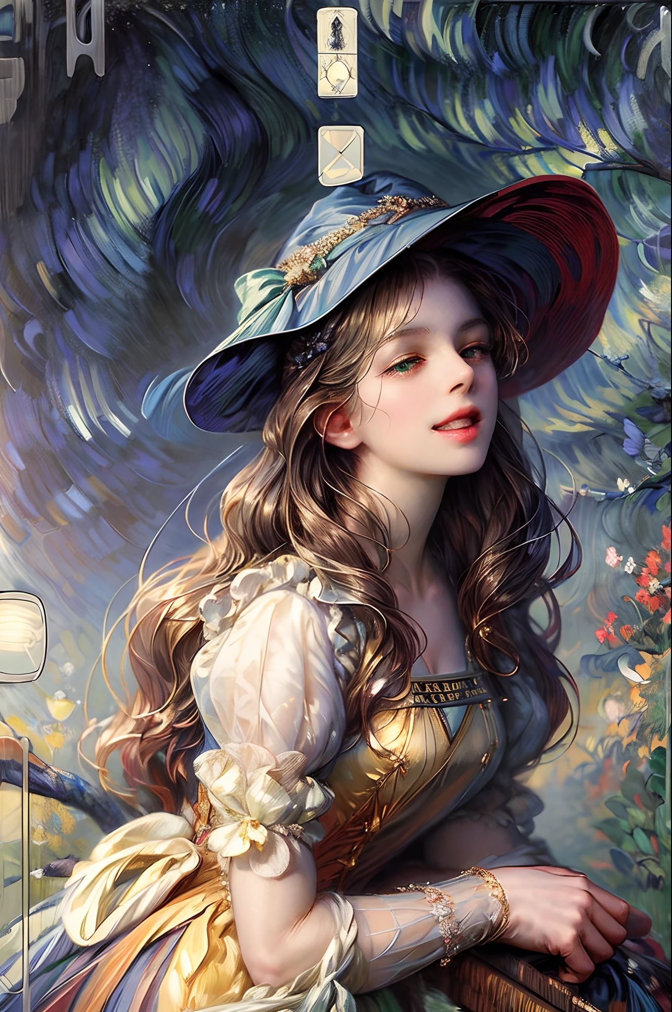 ((masterpiece:1.2, best quality)), 1woman, solo, (witch hat), black hair, long hair, dress, aurora, night, star (sky), gloves, sky, Emerald dress, night sky, open mouth, starry sky, green eyes, ribbon, very long hair, smile, hair ribbon, cape, (bird), magic, casting spell, dark clouds, night, (impressionism:1.4), (tarot:1.3), alphonse mucha, --auto