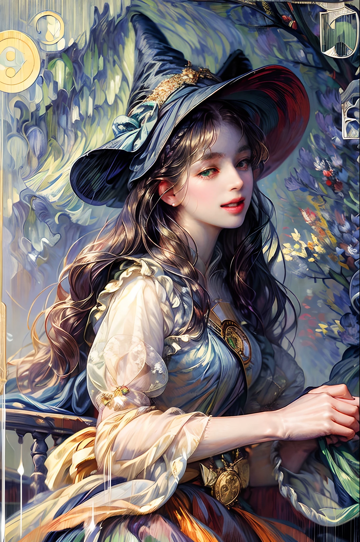 ((masterpiece:1.2, best quality)), 1woman, solo, (witch hat), black hair, long hair, dress, aurora, night, star (sky), gloves, sky, Emerald dress, night sky, open mouth, starry sky, green eyes, ribbon, very long hair, smile, hair ribbon, cape, (bird), magic, casting spell, dark clouds, night, (impressionism:1.4), (tarot:1.3), alphonse mucha, --auto