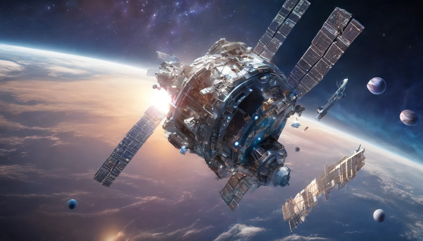 A futuristic science fiction world, (The giant structures orbiting the Earth's satellite orbit are castles that appear upside down:1.5), a giant cluster of antennas, (Best quality), (masterpiece:1.3), No ground, outer space, space opera, , weightlessness,