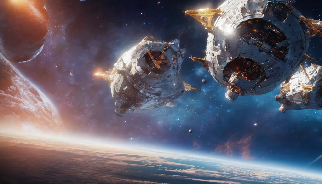 A futuristic science fiction world, (The giant structures orbiting the Earth's satellite orbit are castles that appear upside down:1.5), a giant cluster of antennas, (Best quality), (masterpiece:1.3), No ground, outer space, space opera, , weightlessness,