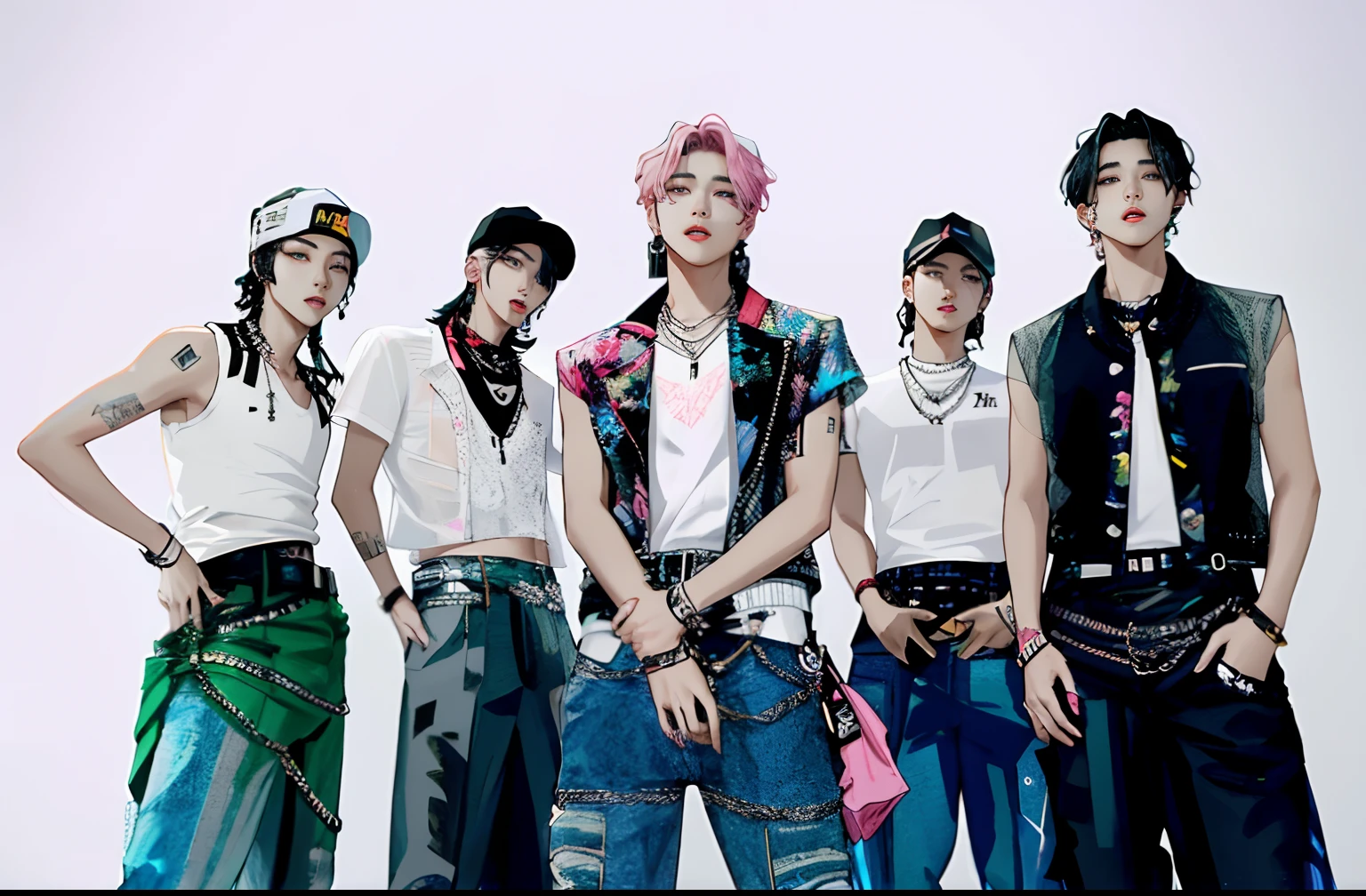 Araped youth group standing side by side, all from the group nct, Regular K-pop boy band, Each one is dressed in the right period clothes,, Bangtan Boys (BTS), k-pop, Gen Z, Portrait of a pink gangster, 2 working days, 2D, k-pop, big bang, U. h. d, Post Grunge,
