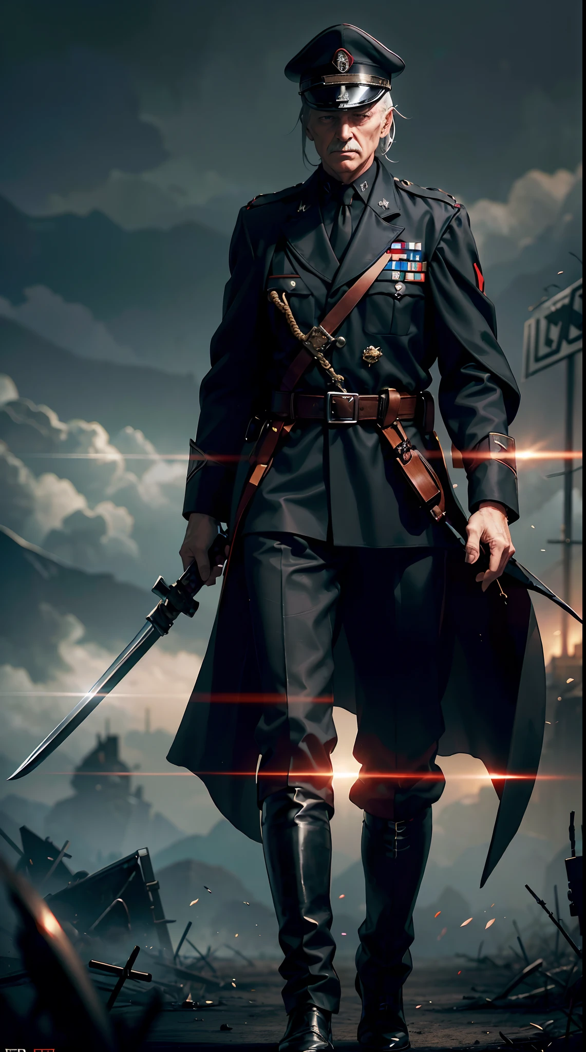 Grandfather holding swords, Nazi ww2 black suits,  general Nazi ww2 hats, soldiers in the background,red blood element,hd light and dark, balance rendering, HD lighting and dark )<=(epic image quality)dark atmosphere with bright particle light(many effects in background)