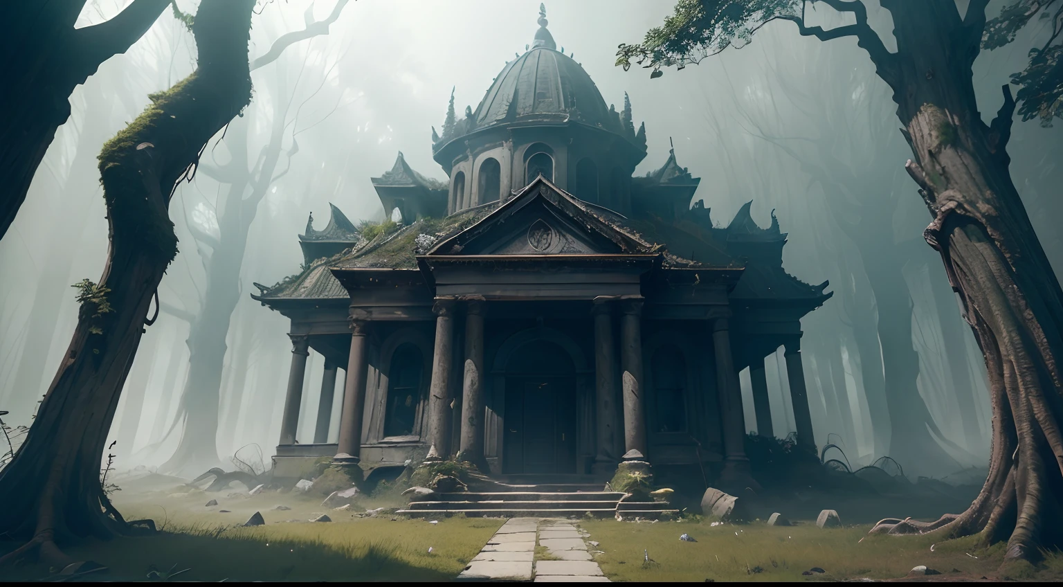 (best quality,ultra-detailed,realistic,landscape),(dark and mysterious),(abandoned temple),(old master with a golden spear,detailed face and long white beard),(corrupted apprentice with a sword,evil expression),(creepy atmosphere),(moody lighting),(ancient architecture),(overgrown with vines),(eerie silence),(ominous shadows),(sinister mood),(desolate and forgotten),(moss-covered walls),(cracked stone floors),(hauntingly beautiful),(twisted trees),(misty surroundings),(sense of decay),(forgotten knowledge),(whispers of the past),(dramatic composition),(subtle surreal elements),(subdued colors),(hazy atmosphere),(tension and conflict),(hidden secrets),(symbolism),(mysterious aura),(furtive glances),(uneasy feeling),(foreboding presence),(imposed destiny),(startling revelation),(immersive setting),(compelling narrative),(confrontation),(power struggle),(fading memories),(battle of wills),(uncertain fate),(unsettling beauty),(ethereal quality)