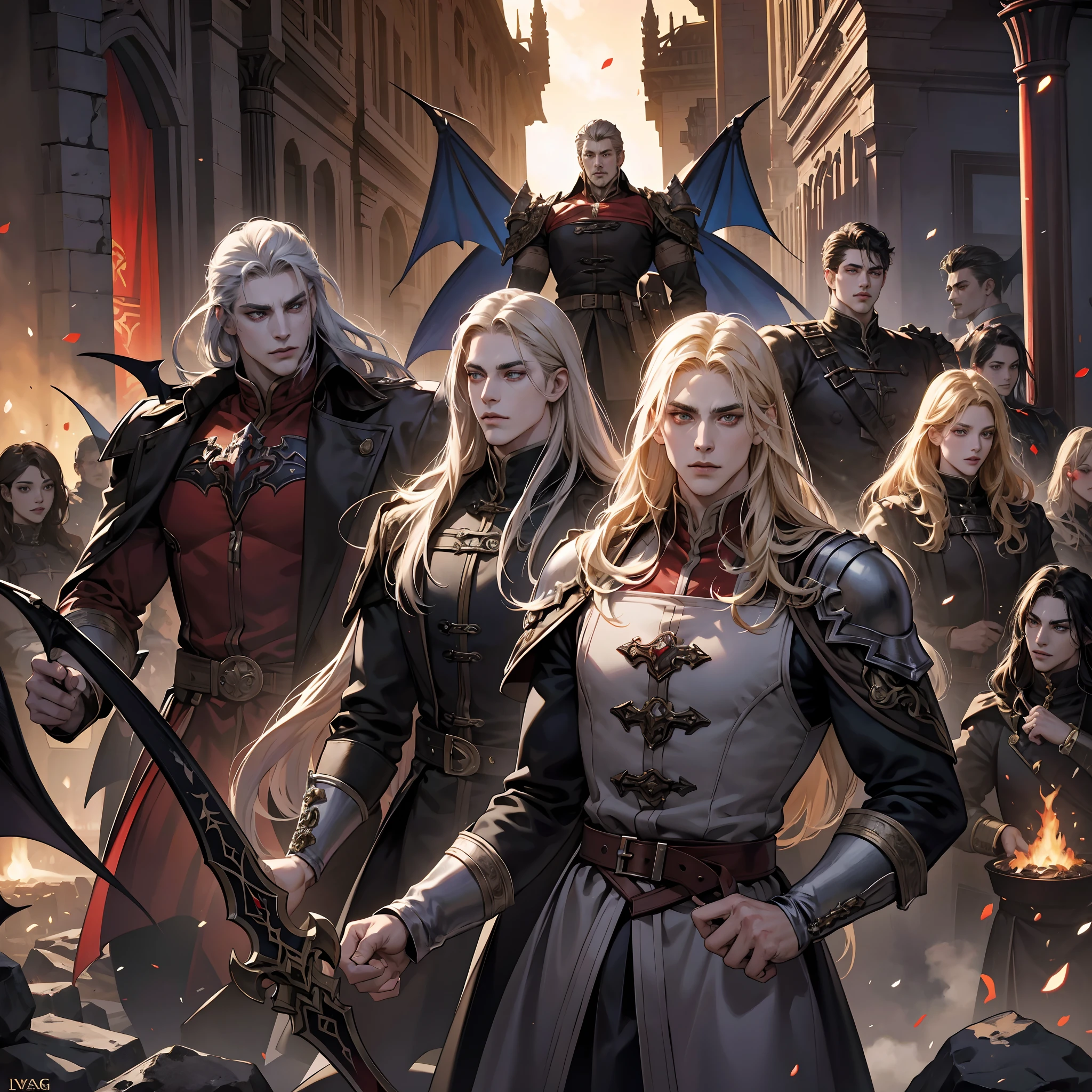 Castlevania Shadow Lord handsome muscular Lord Dracula face super detailed leading armed troops hyper realistic faces super detailed demons in war hyper realistic super detailed dynamic pose super detailed faces hyper realistic super detailed Marvel comics style medieval army