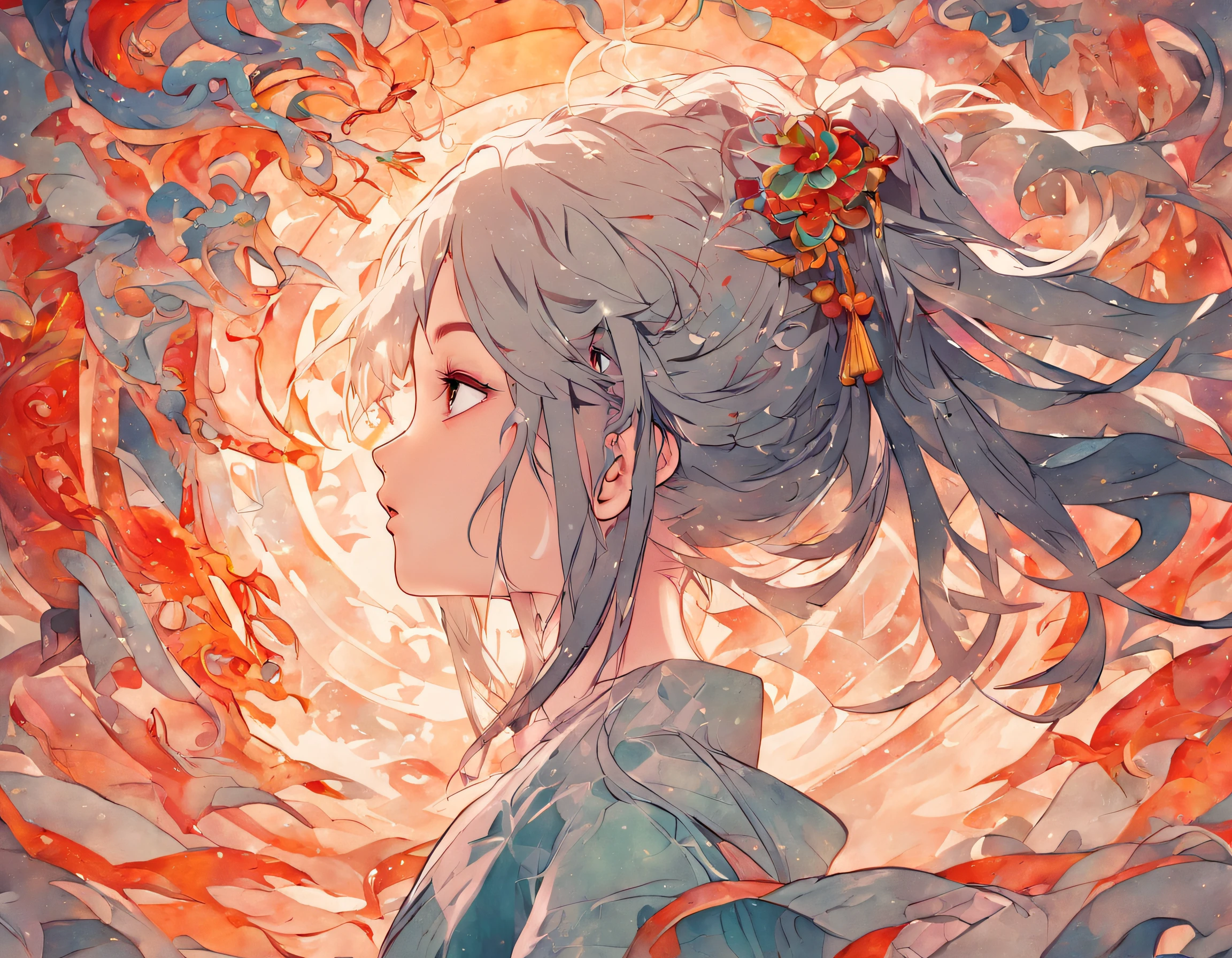 (White background:1.4),(Silhouette of a girl's head, Eyes closed, colorfull long hair, Oriental elements),(Chinese illustration:1.3,paper art:1.3, Quilted paper art:1.2),( reasonable design, Clear lines, High sharpness,Best quality, Very detailed, Masterpiece, movie light effect, 4K )