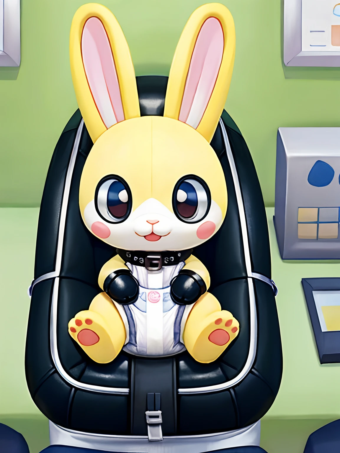 ((Rabbit)), animal crossing style, cute , chibi, small, small paws, small feet, wearing diaper, leather wrist, cuffs, leather  ankle cuffs, padded leather mittens, prisoner collar, sit on baby car seat, tied to baby car seat , in laboratory, full body view, drawn like in the series