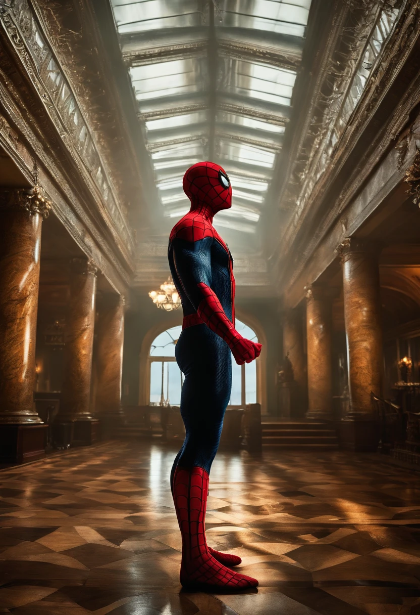 spiderman standing like leonardo di caprio on the front of the titanic