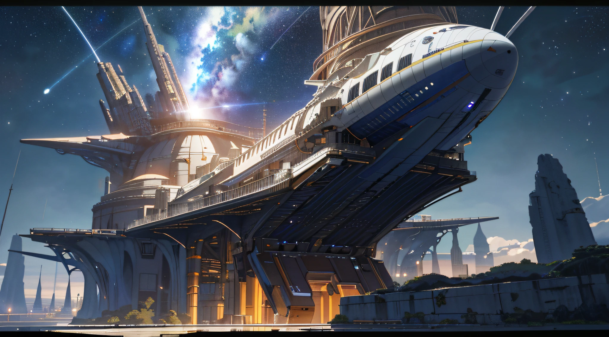 ((8k, RAW photo, best quality, master: 1.4)), ultra high resolution, ultra-detailed, illustration, close up, environment only, laboratory, spaceship, made of stone, night, starry sky, architecture, future, imagination, outdoors, background only, immigration,