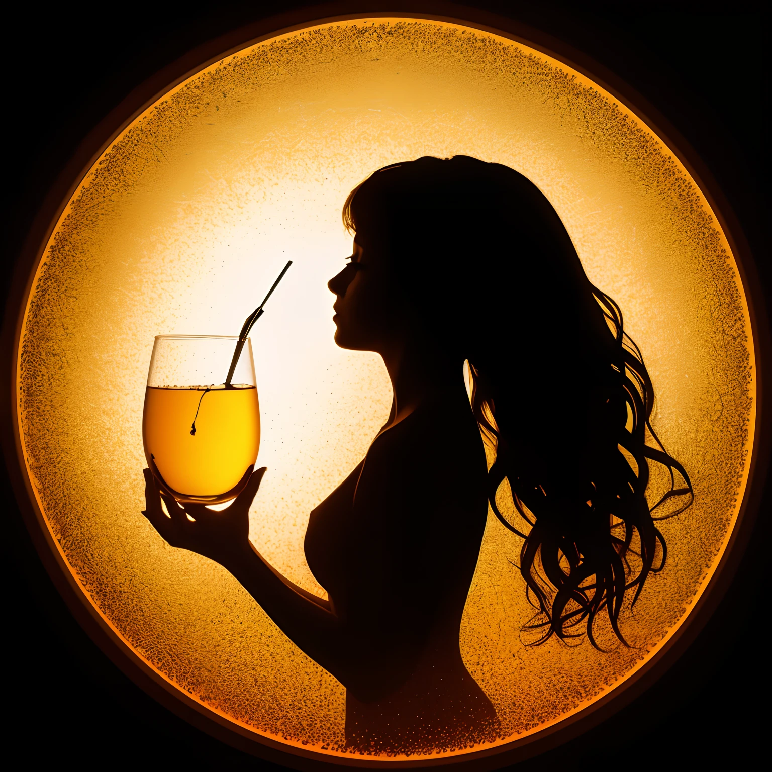 Artistic CD cover A black silhouette of a woman is seen through a glass with amber liquid
