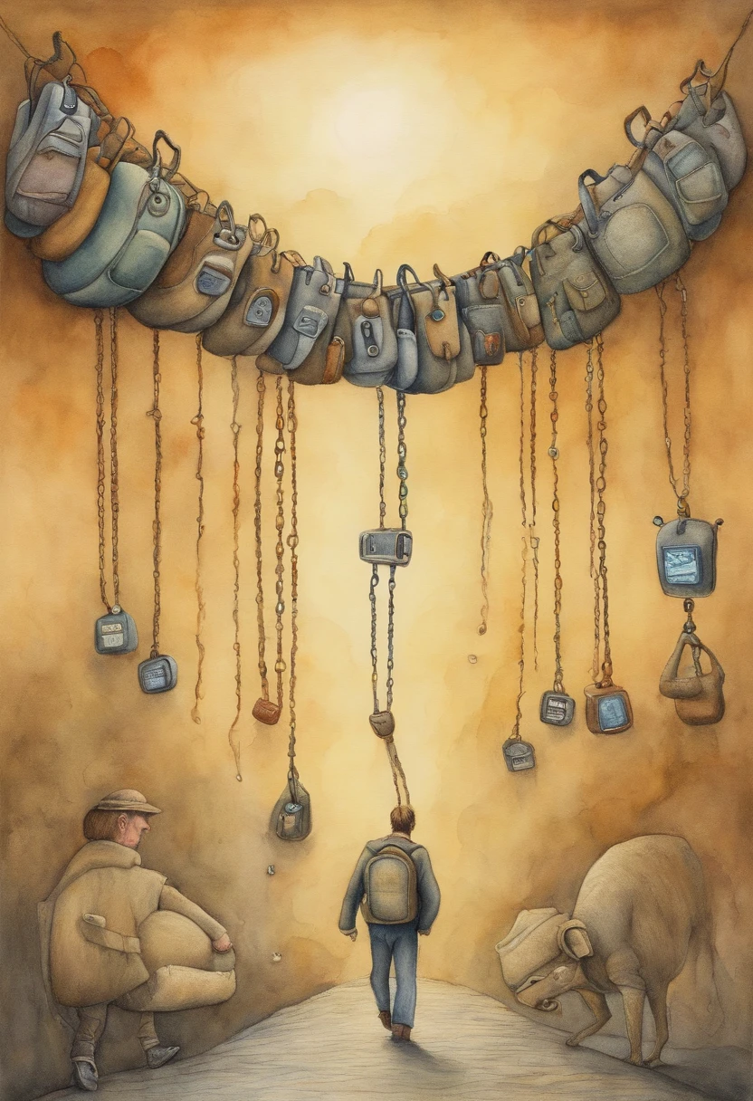 Illustrate people carrying enormous smartphones that bind them like ball and chain, symbolizing addiction to technology and loss of privacy, in the style of pawel kuczynski