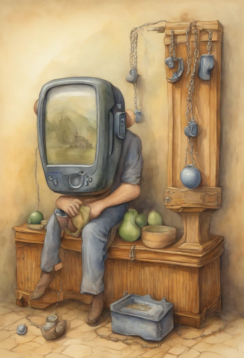 Illustrate people carrying enormous smartphones that bind them like ball and chain, symbolizing addiction to technology and loss of privacy, in the style of pawel kuczynski