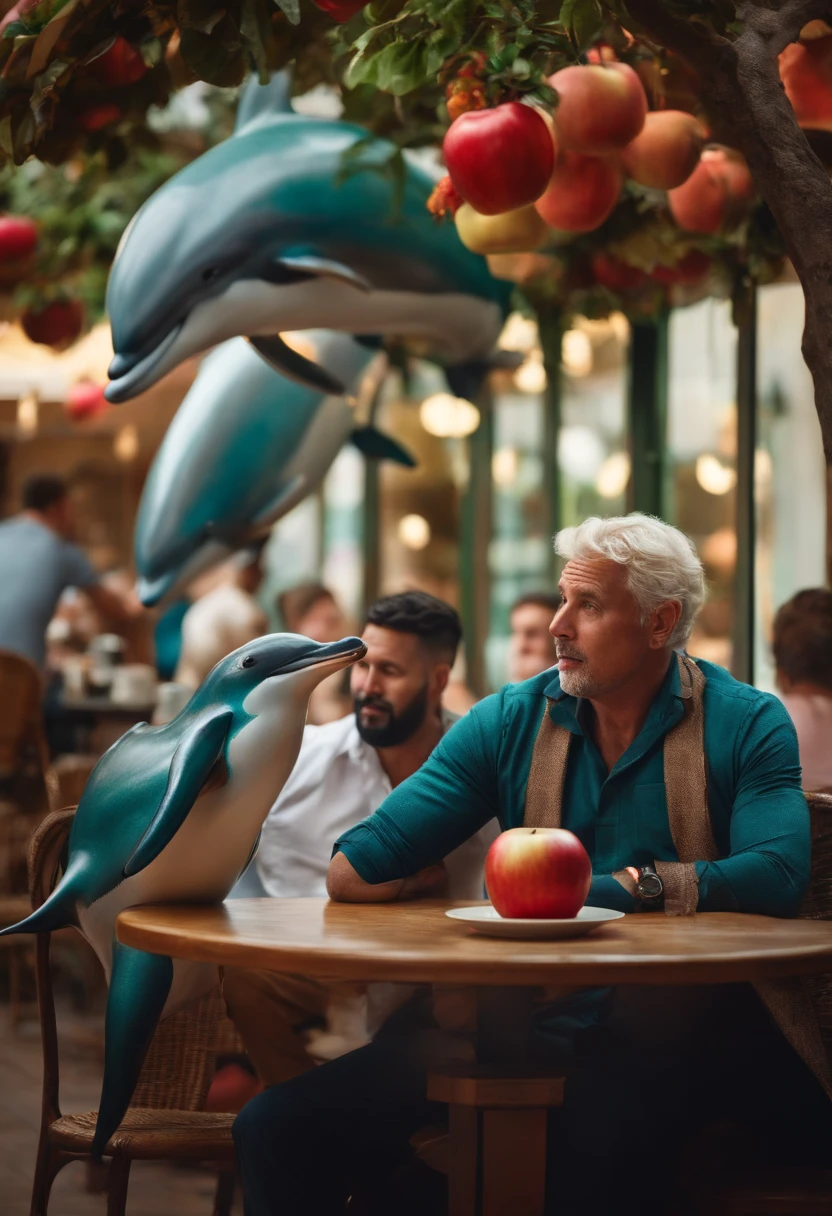 man sitting in a cafe with a giant apple on his head and a dolphin waiter behind him looking surprised