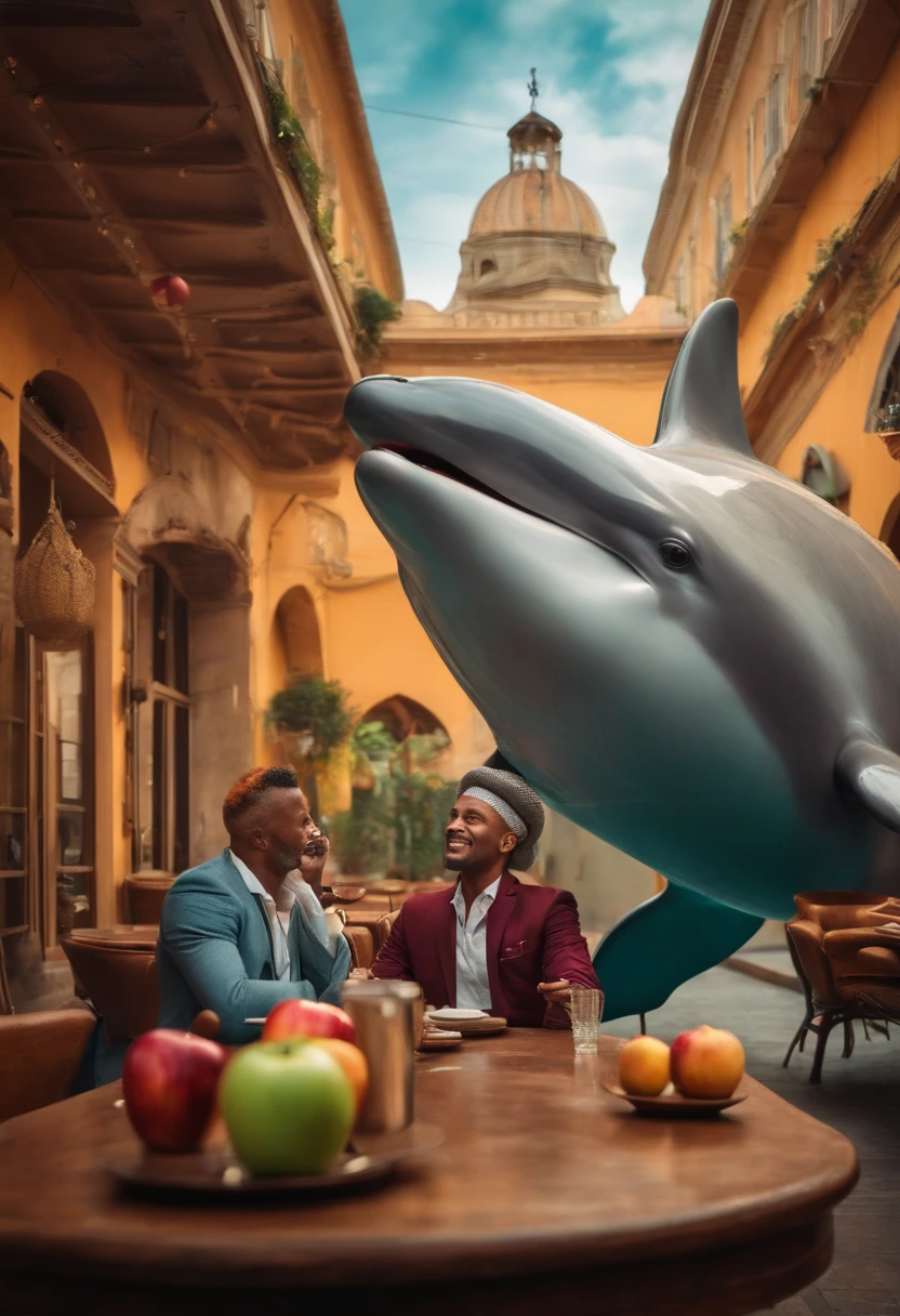 man sitting in a cafe with a giant apple on his head and a dolphin waiter behind him looking surprised