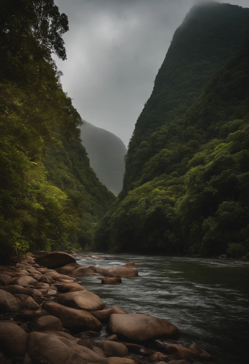 Filosofo antigo com um jovem a beira de um rio entre as montanhas antigas