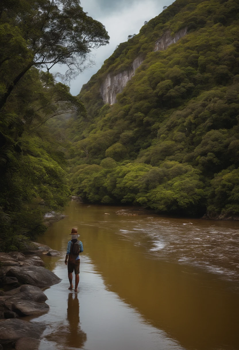 Filosofo antigo com um jovem a beira de um rio entre as montanhas antigas