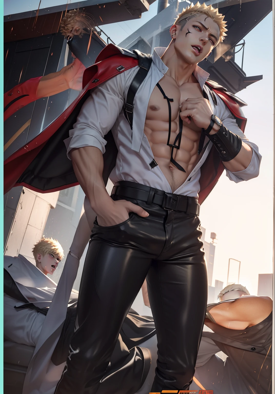 2boys black_hair blonde_hair erection femboy_on_male gay genos hand_on_head hand_on_own_head male male/male male_focus male_only multiple_boys one-punch_man open_mouth penetration reach_around sakimichan sex shirt_lift speed-o'-sound_sonic tagme torn_clothes uncensored yaoi,leather trouser man