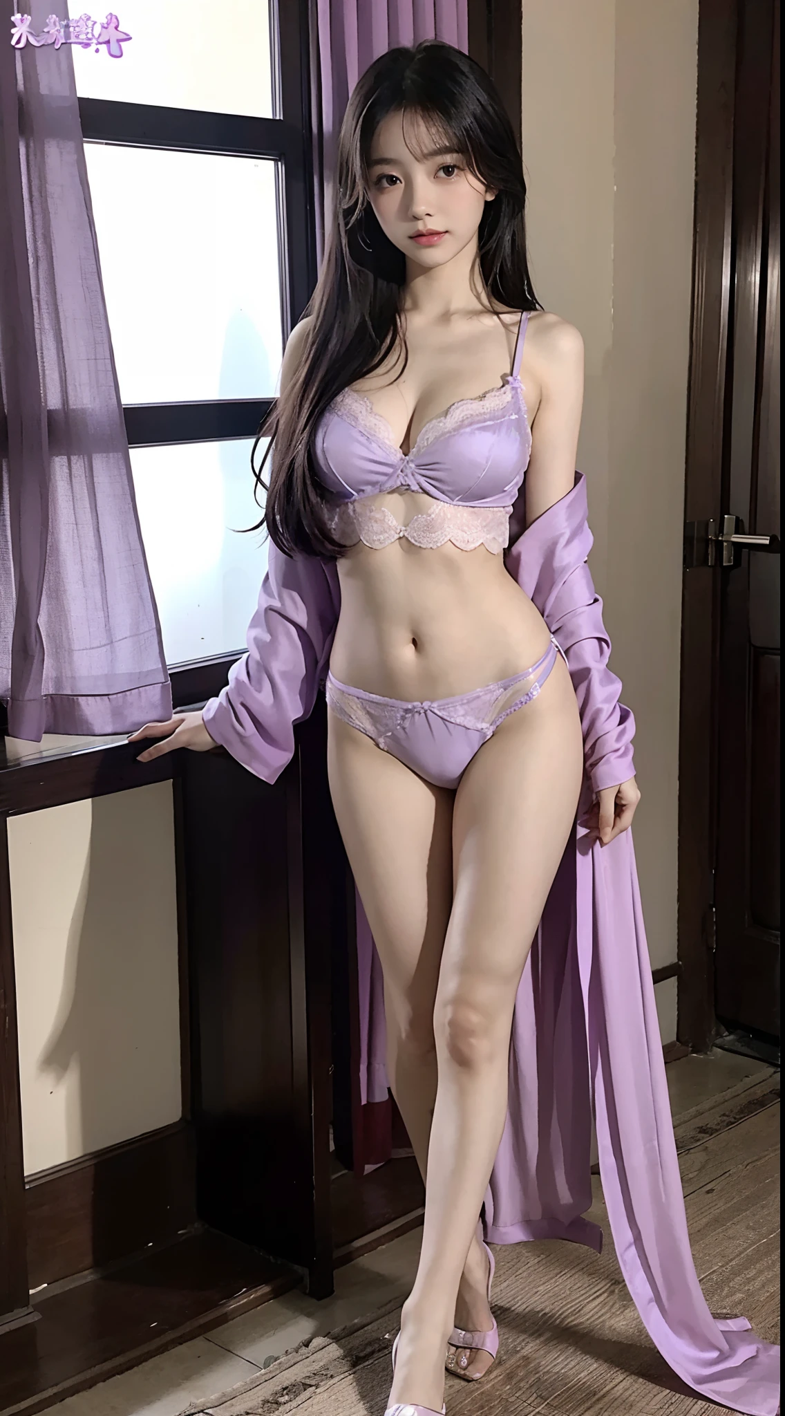 Master quality, highest quality, best picture quality, exaggerated details, goddess moonlight 9  year old asian little girl with a shy expression,a close up , teen girl with super nice boobs(long hair / very, very exaggerated big breasts and tight, round breasts) , posing in front of the camera, having , wet breast under wear, wet breast hanfu open v chest clothes, full body xianxia,  thin silk fabric wet body, ((light purple underwear lace thong))