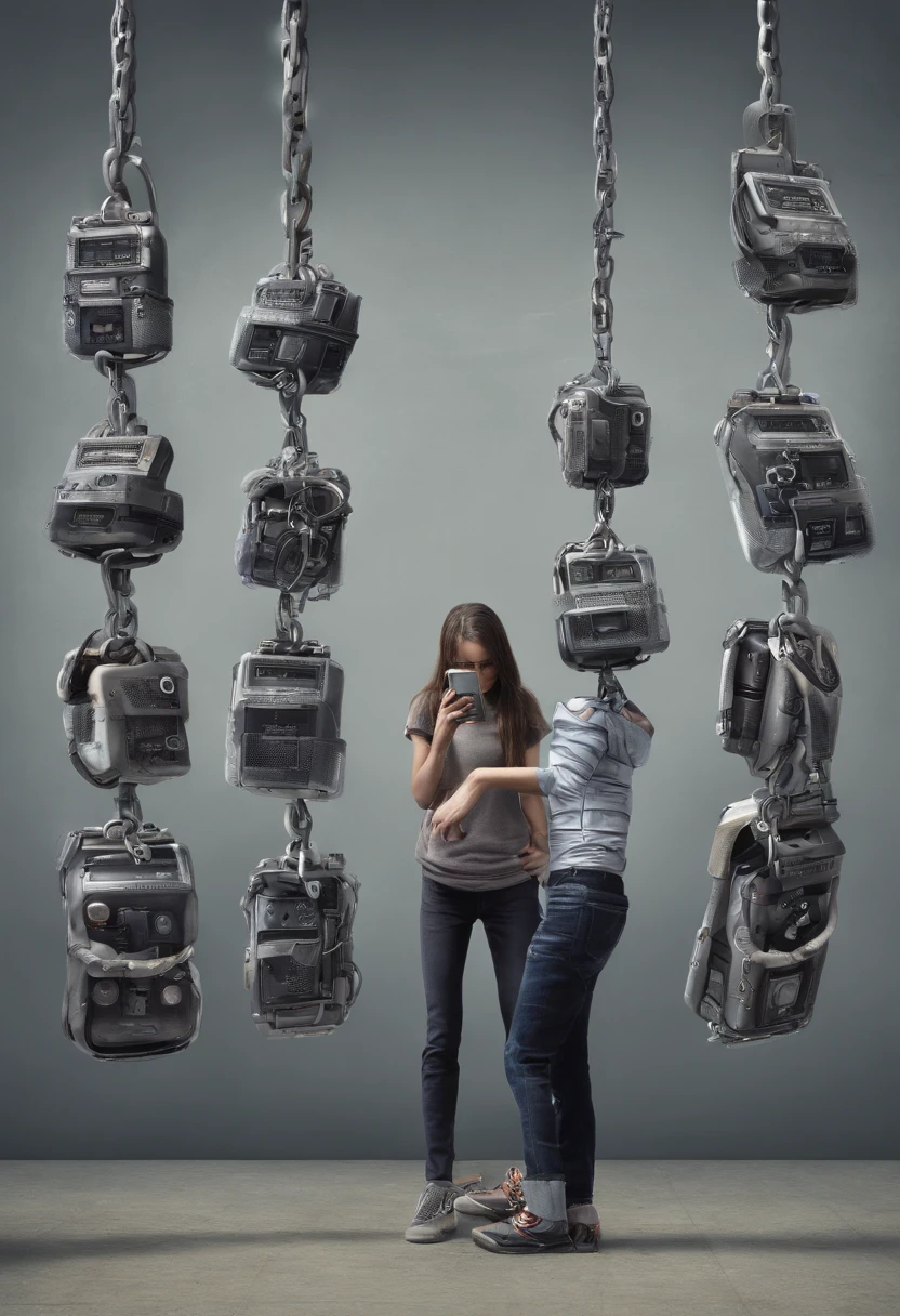 Illustrate people carrying enormous smartphones that bind them like ball and chain, symbolizing addiction to technology and loss of privacy.