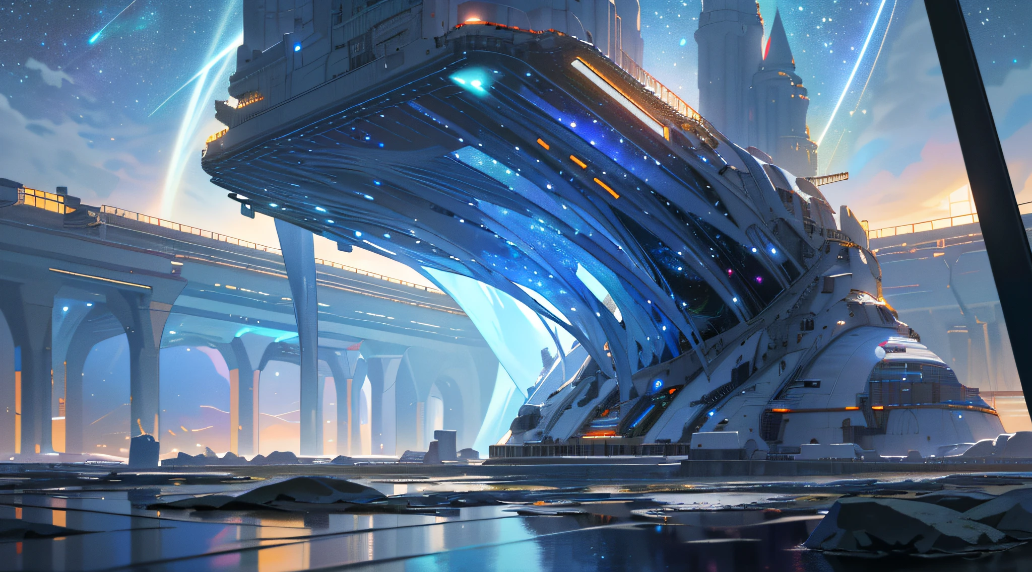((8k, RAW photo, best quality, master: 1.4)), ultra high resolution, ultra-detailed, illustration, close up, environment only, laboratory, spaceship, made of stone, night, starry sky, architecture, future, imagination, outdoors, background only, immigration,