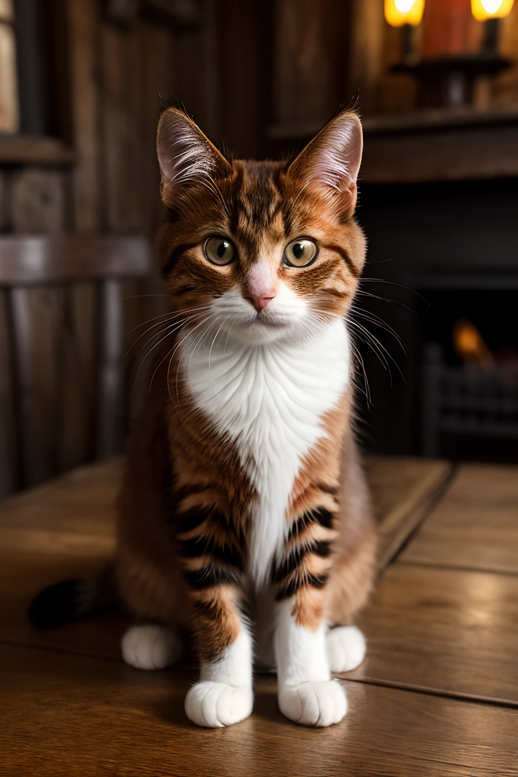 Photography style, 8k, Portrait of a cute Maine cat, red color, sitting on a wooden table in a medieval tavern, Detailed fur, trending on ArtStation, trending on CGSociety, Intricate, High Detail, Sharp focus, dramatic lighting, digitalpainting, digital arts, by artgerm, by Liang Sin, by WLOP