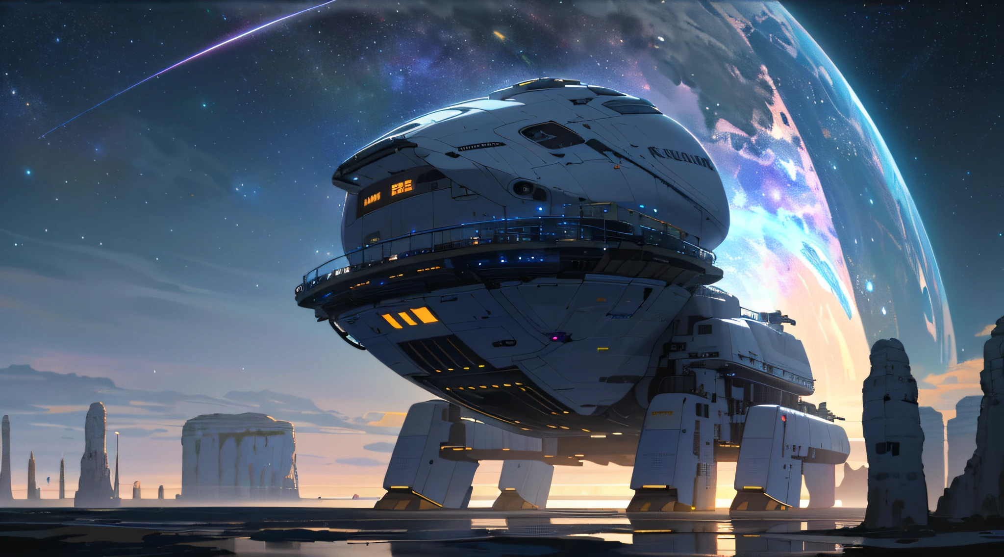 ((8k, RAW photo, best quality, master: 1.4)), ultra high resolution, ultra-detailed, illustration, close up, environment only, laboratory, spaceship, made of stone, night, starry sky, architecture, future, imagination, outdoors, background only, immigration,