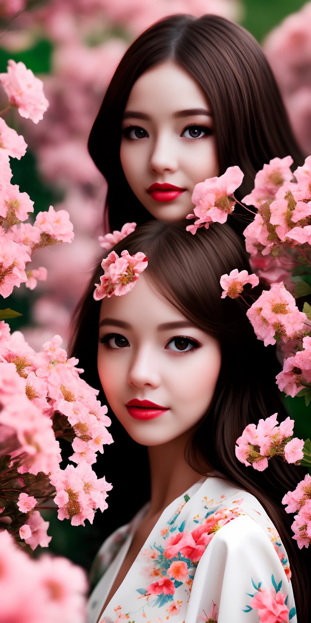 realistic, 1girl, dark hair, dark brown eyes, bright eyes, split lips, blush, cute, garden, day, flowers.
