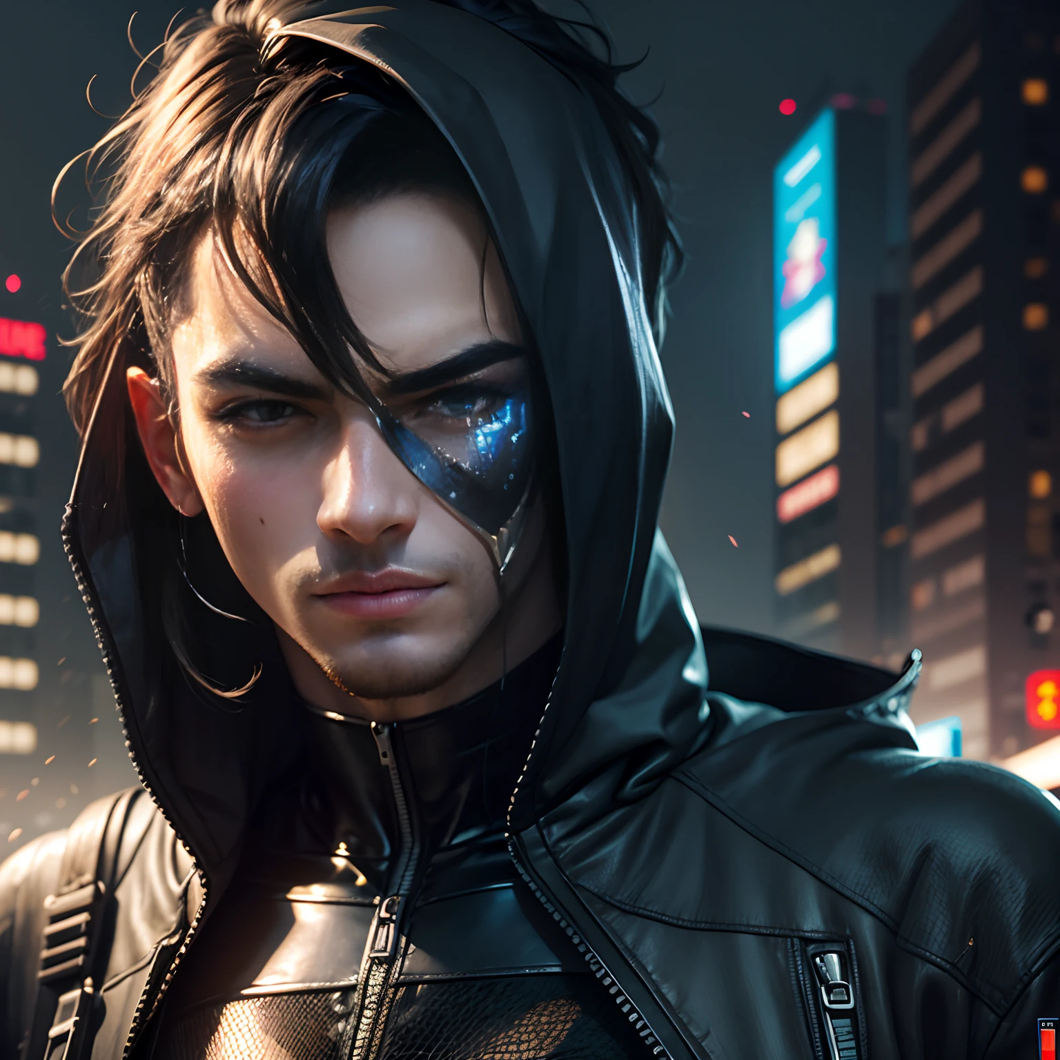 Change background cyberpunk handsome boy, realistic face, sk, hiru realistic,