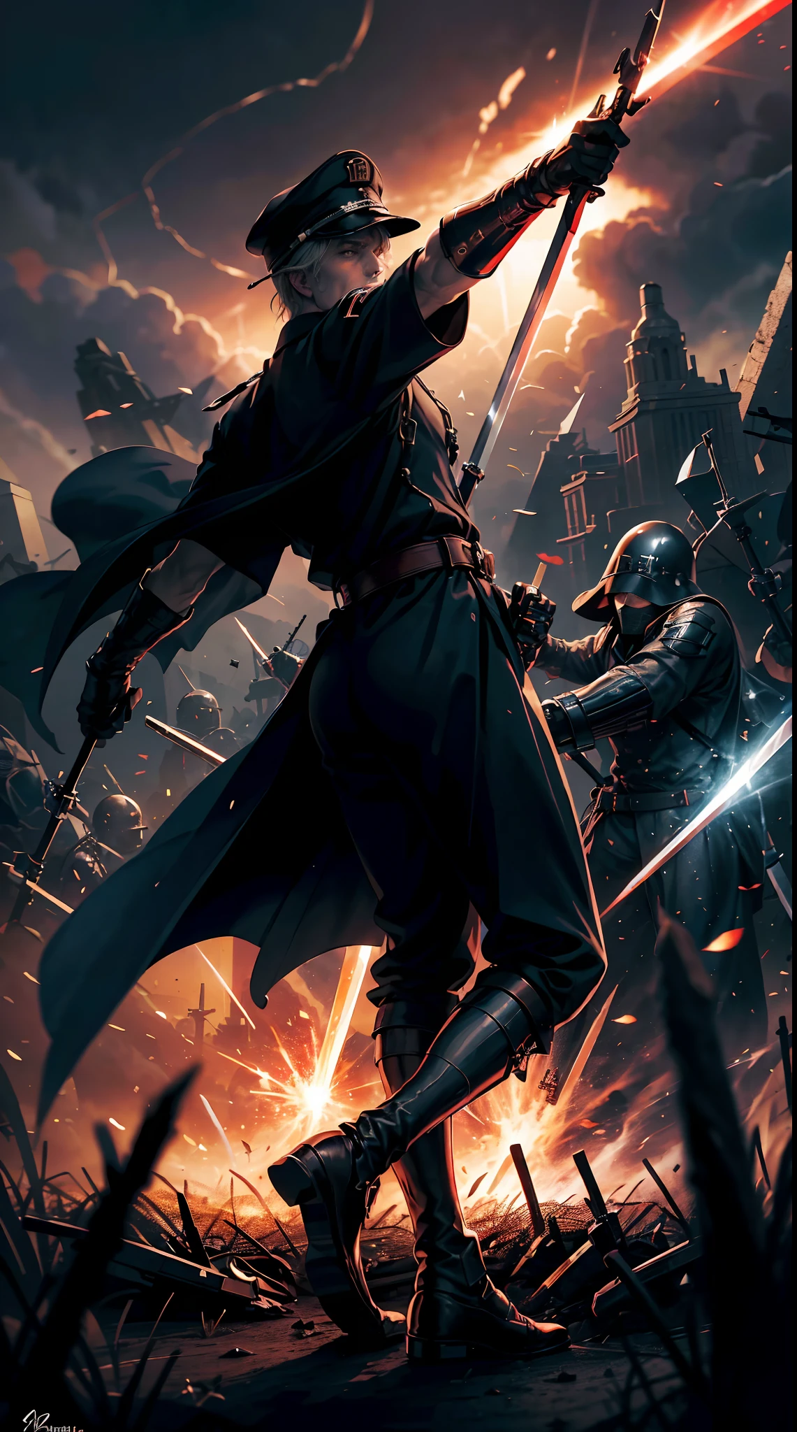 Grandfather holding swords, Nazi ww2 black suits, general Nazi ww2 hats, soldiers in the background,red blood element,hd light and dark, balance rendering, HD lighting and dark )<=(epic image quality)dark atmosphere with bright particle light(many effects in background)