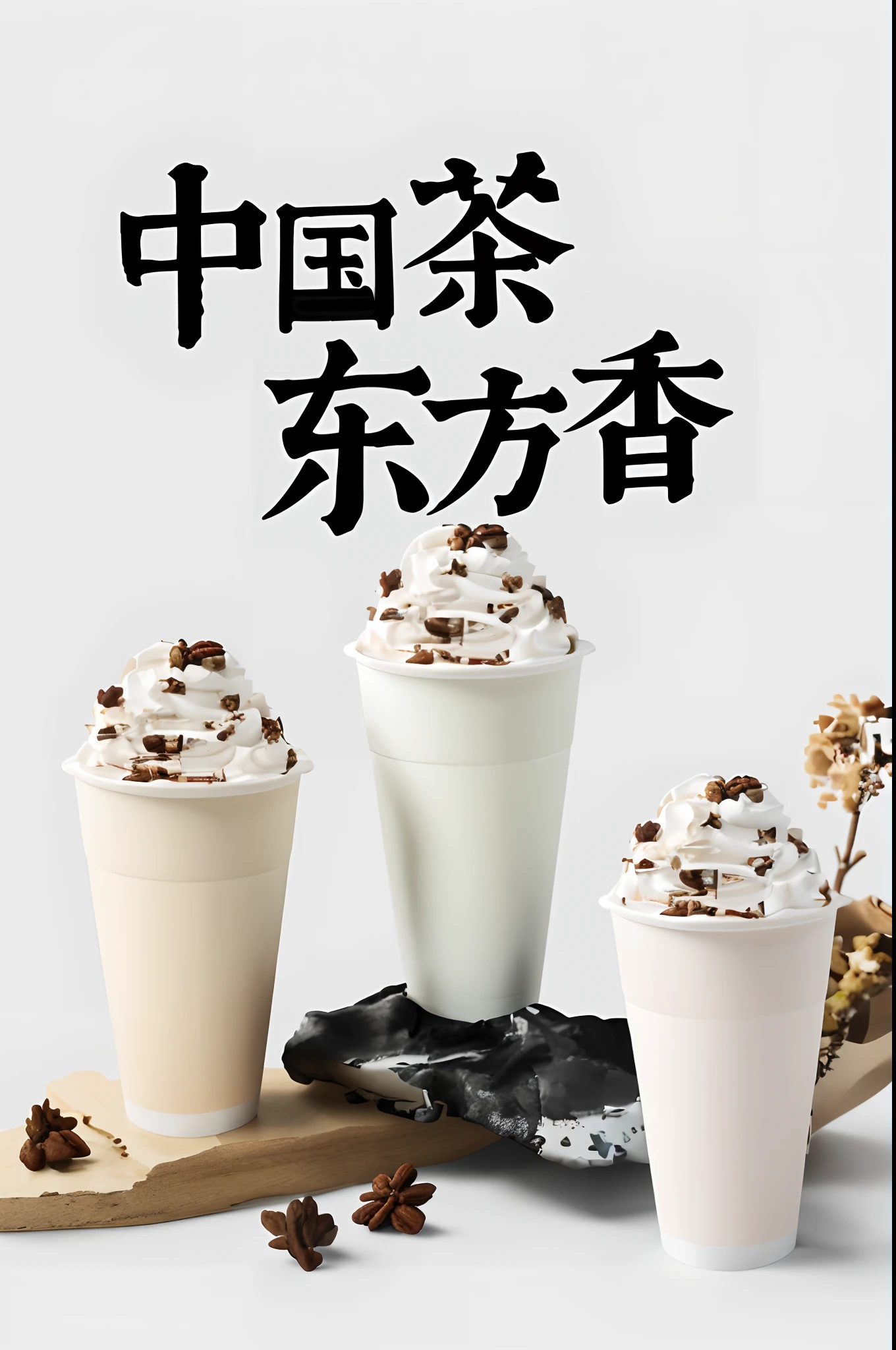 Pale color background,There are three cups of milk tea,Top with cream top,Crushed pecans,Black cup,Black cup,Black cup,Black cup, black cup,Black cup, black cup,Black cup, black cup,Black cup, black cup,Black cup,Official product image,perfect light,3D modeling,rendering,Plastic material