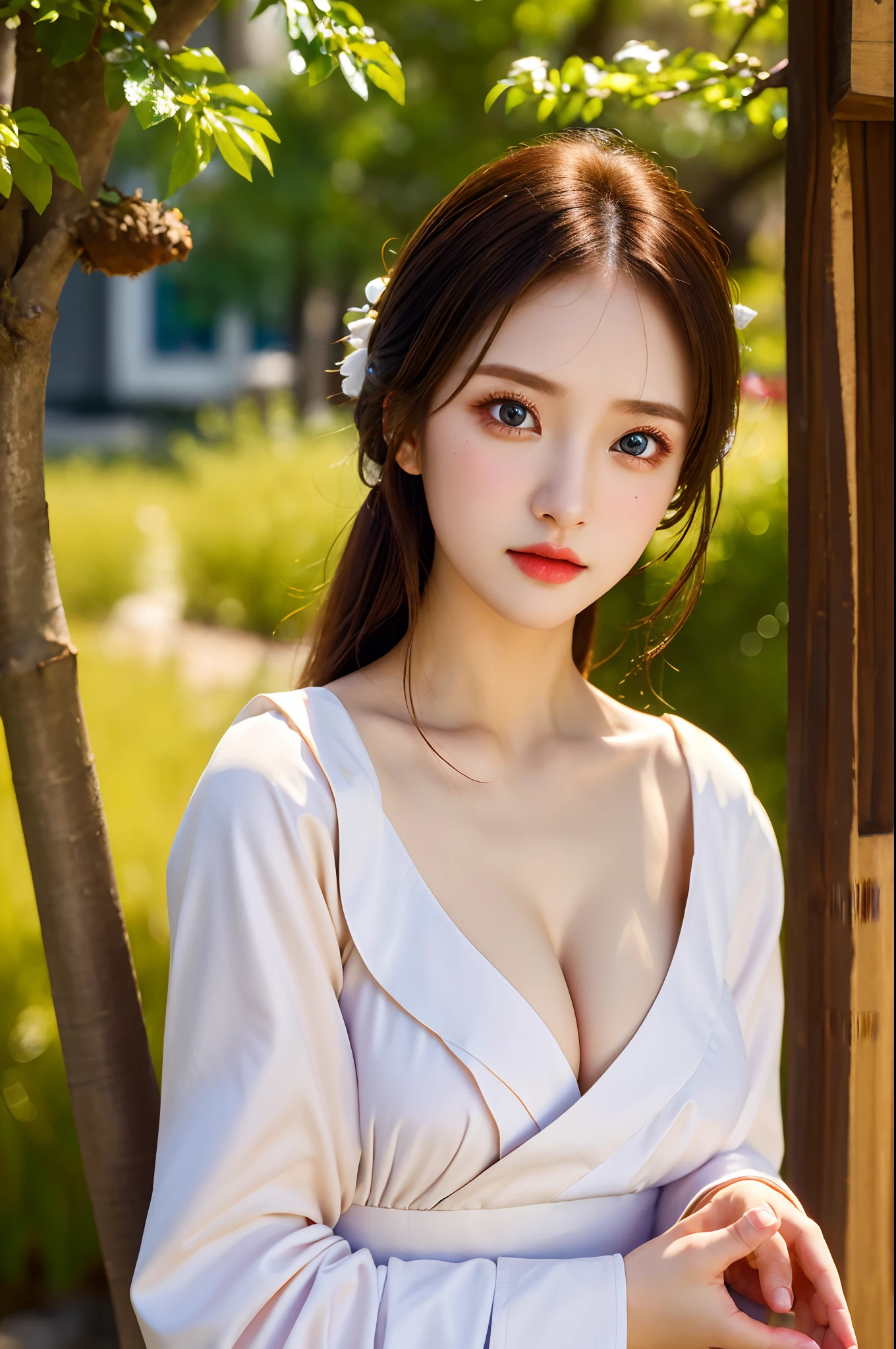 masterpiece,high quality,high-definition,extremely detailed,1girl, detailed eyes, detailed face, upper body, breast,brown eyes,hanfu,white dress,
