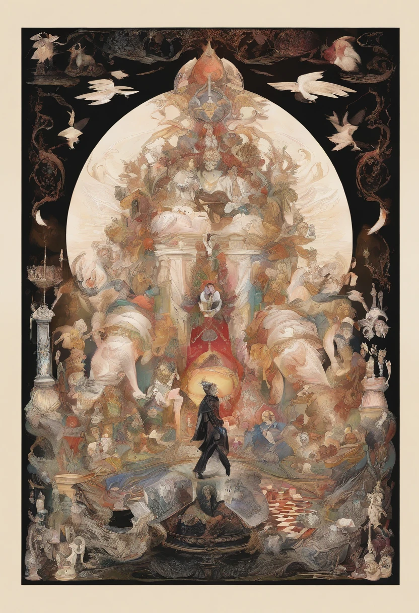 there is a picture of a circus with a cat and a dog, ethereal and dreamy theme, dreamy and detailed, adorable and whimsical, whimsical and cute, witch light carnival, circus background, welcome to the circus, very magical and dreamy, in the white clouds fairyland, illustrated in whimsical style, dreamy illustration, airy midnight theme