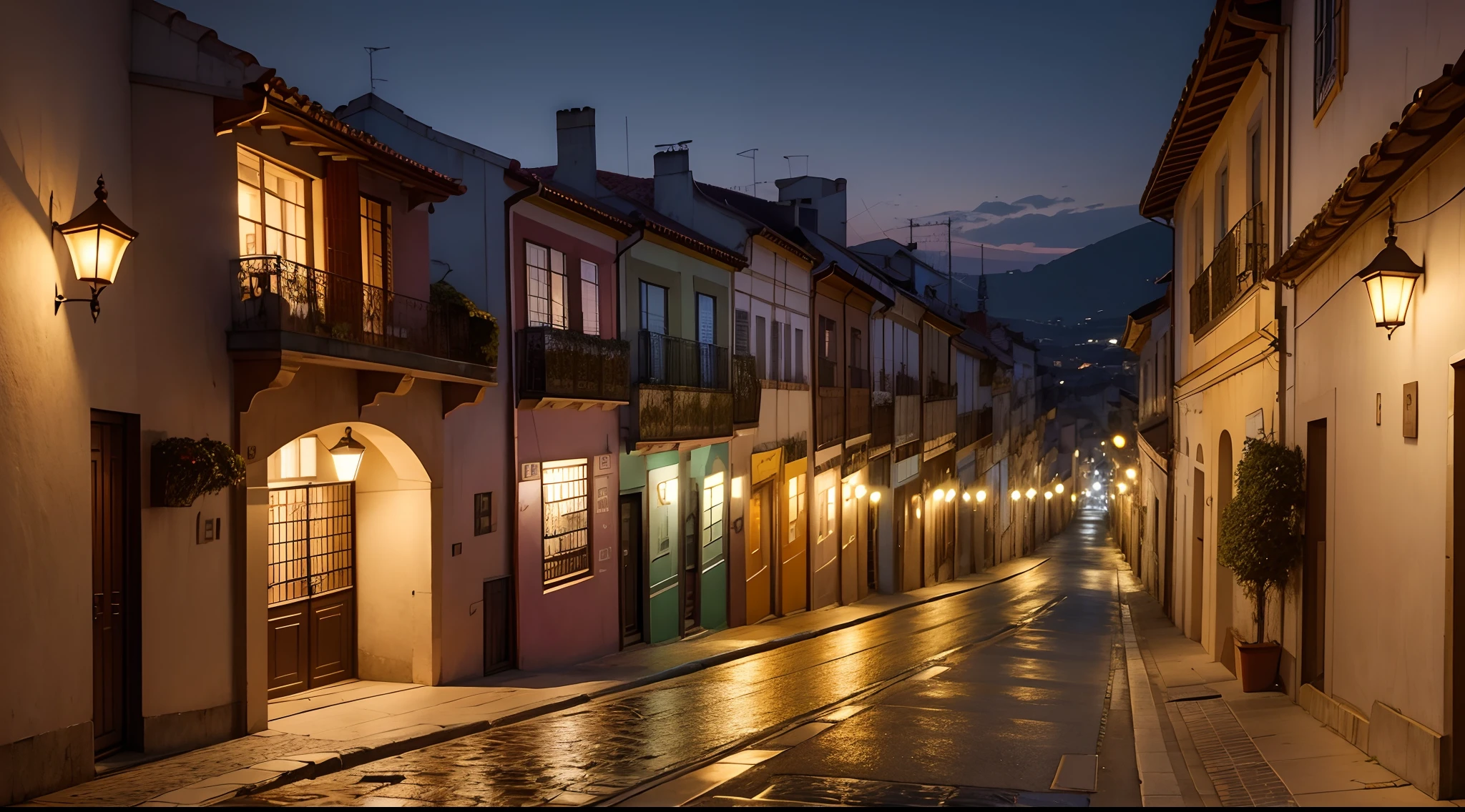 Paisagem urbana da cidade de braga dos anos 1900 em estilo Turner durante uma noite de sabado desde a rua com muitas casas ao entorno vista desde a rua