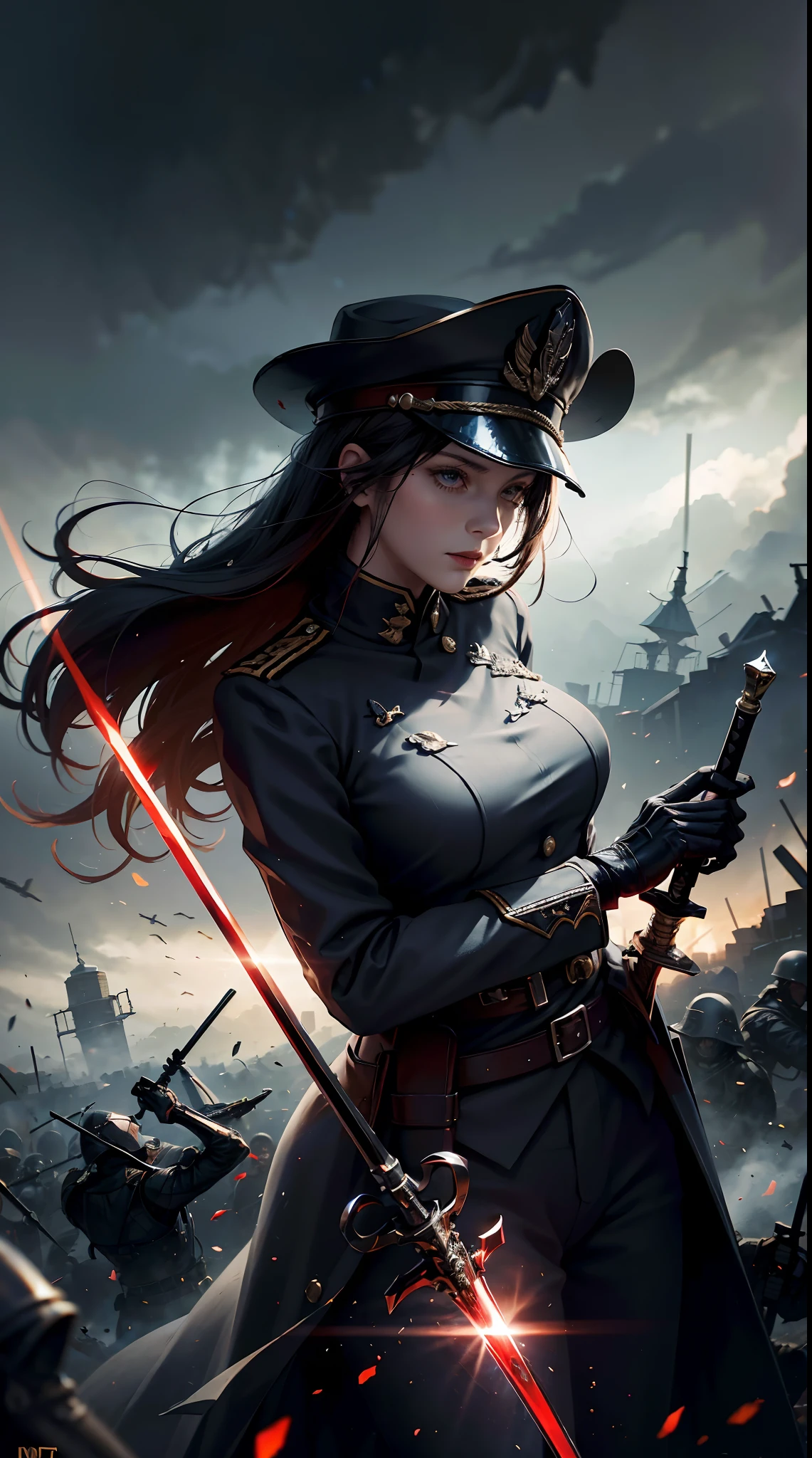 Grandmother holding swords, ww2 black suits, general ww2 hats, soldiers in the background,red blood element,hd light and dark, balance rendering, HD lighting and dark )<=(epic image quality)dark atmosphere with bright particle light(many effects in background)