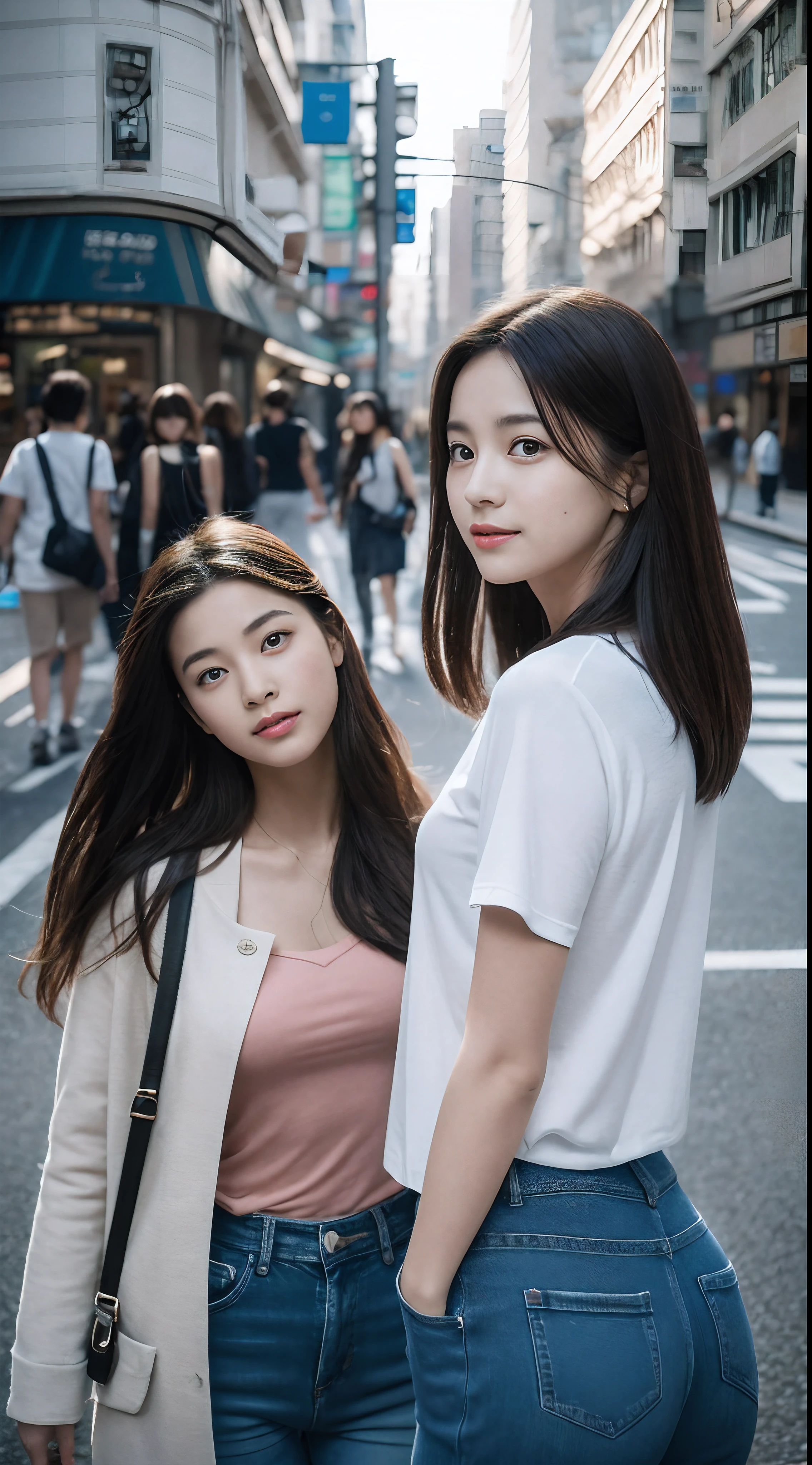 Two girls: A 16-year-old girl walks in front of a zebra crossing at a traffic light on a Hong Kong street,Extreme light and shadow,Aurora chase,Extremely strong reflected light,Extreme shadows,blue-sky,The sun shines on the face,enjoying life,Healing pictures,(Smile 0.8)(Upper body close-up 1.2)(Great view 1.2)(Clean background 1.2)(Delicate facial features1.3)(Perfect body 1.1)(Flat chest 1.1)(Global illumination 1.2)(Surreal scenario 1.3)(Baseball jacket denim shorts 1.2),rendering by octane,CGSociety trends,(Ultra-delicate eye structure 1.3)(There is reflected light in the eye1.3)(Bust close-up 1.3)(Young and energetic1.3)(Playful 1.3)(Long hairstyles,Thick hair1.2)
