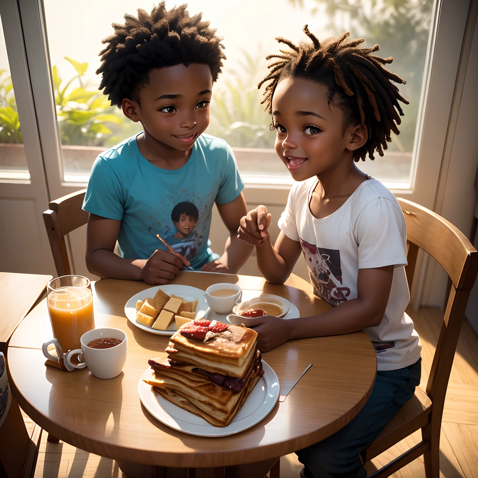 A 6--old ed African brother and sister at the table who have breakfast in a good mood