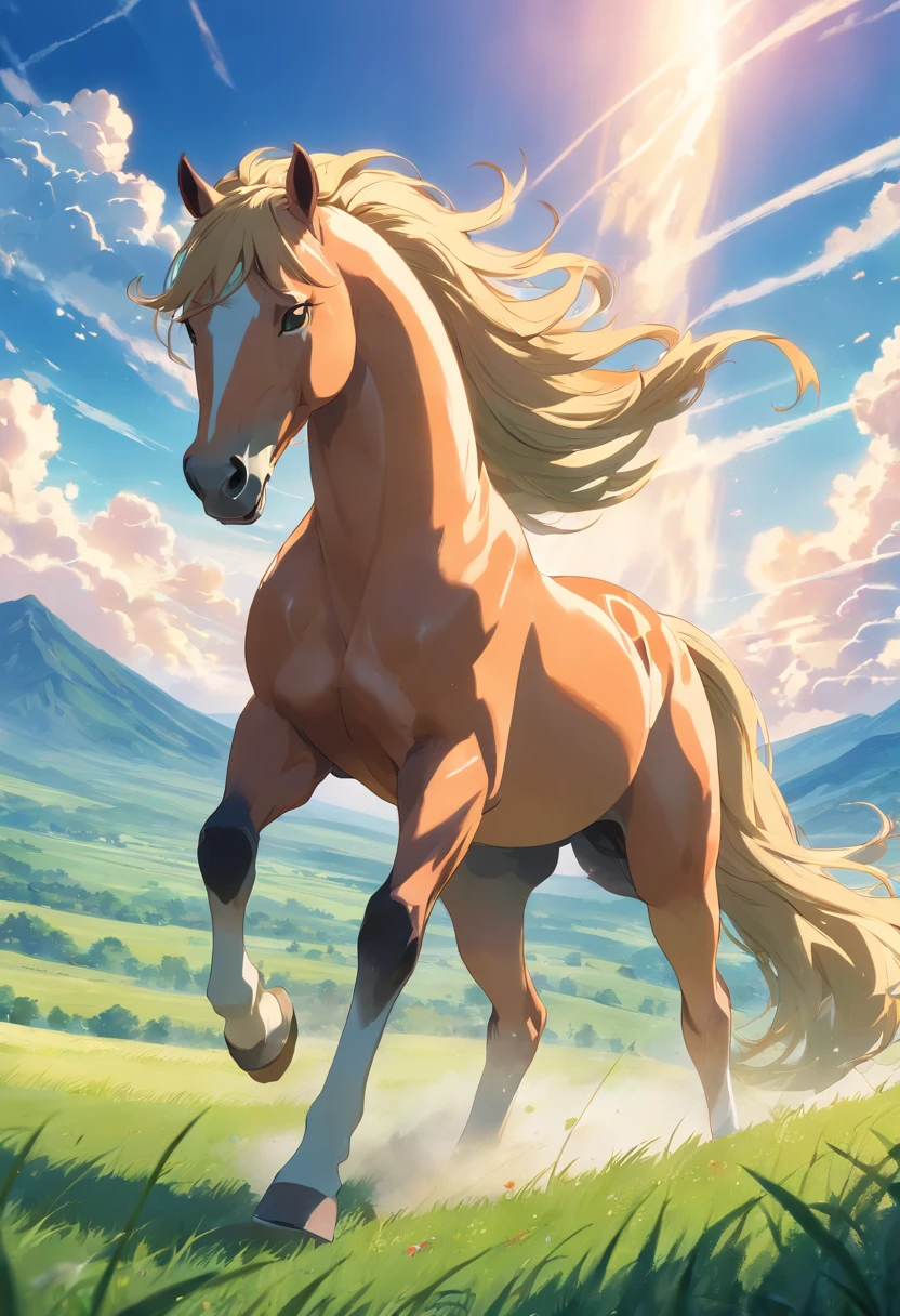 (Best quality,4K,A high resolution,Masterpiece:1.2),Ultra-detailed,Realistic,sportrait,Giant horses,Galloping stallions,full bodyesbian,elegant,Graceful,Strong presence,rippling muscles,flowing mane and tail,Curved neck and arched back,Sharp focus,intense eyes,The nostrils buzz,Hoofs hit the ground,Dust flying in the air,Graze on green meadows,Magnificent creatures,Imposing figure,Robust construction,Vivid colors,Soft lighting,Subtle shadows,neutral color palette.