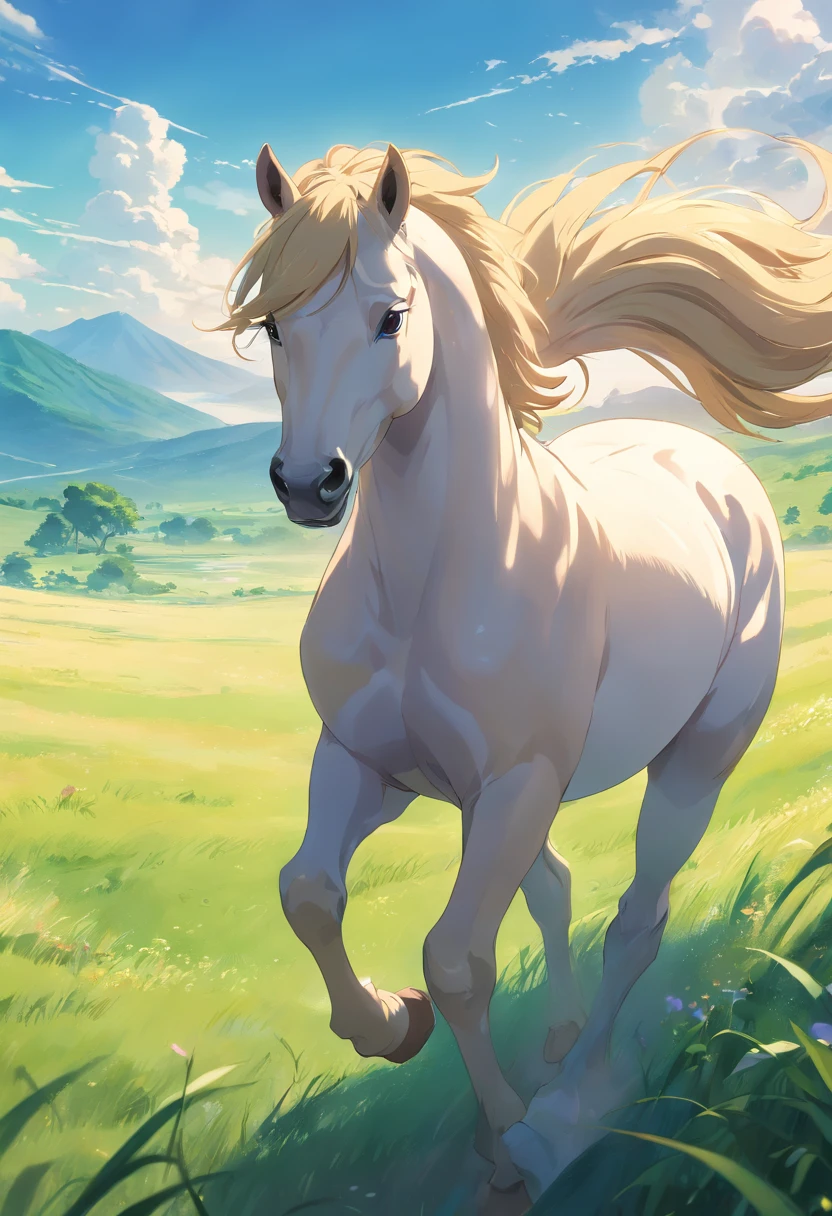 (best quality,4k,highres,masterpiece:1.2),ultra-detailed,realistic,portraits,giant majestic horse,galloping stallion,full body,elegant,graceful,powerful presence,rippling muscles,flowing mane and tail,curved neck and arched back,sharp focus,intense eyes,snorting nostrils,hooves striking the ground,dust swirling in the air,grazing in a green meadow,magnificent creature,imposing stature,strong and sturdy build,vivid colors,soft lighting,subtle shadows,neutral color palette.