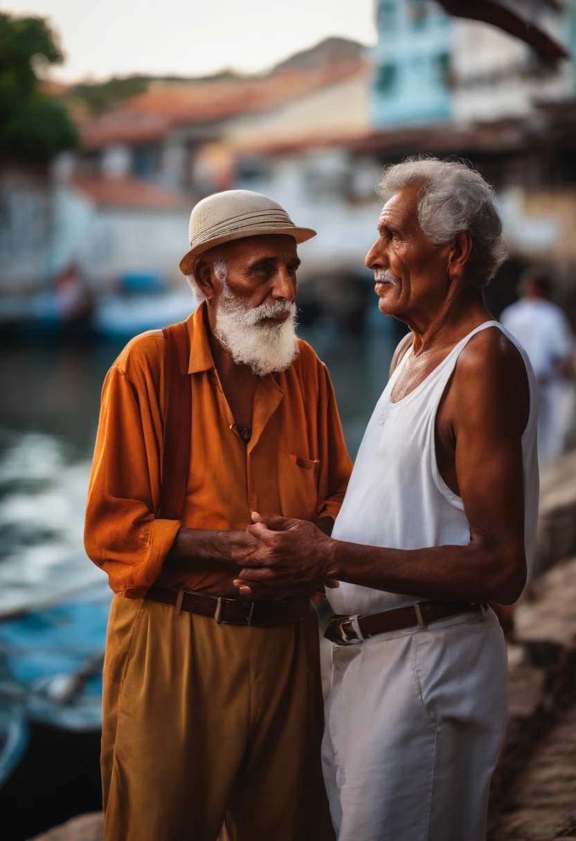 An old man with a philosopher's aspect, conversando com um jovem aprendiz a beira de um rio entre as montanhas
