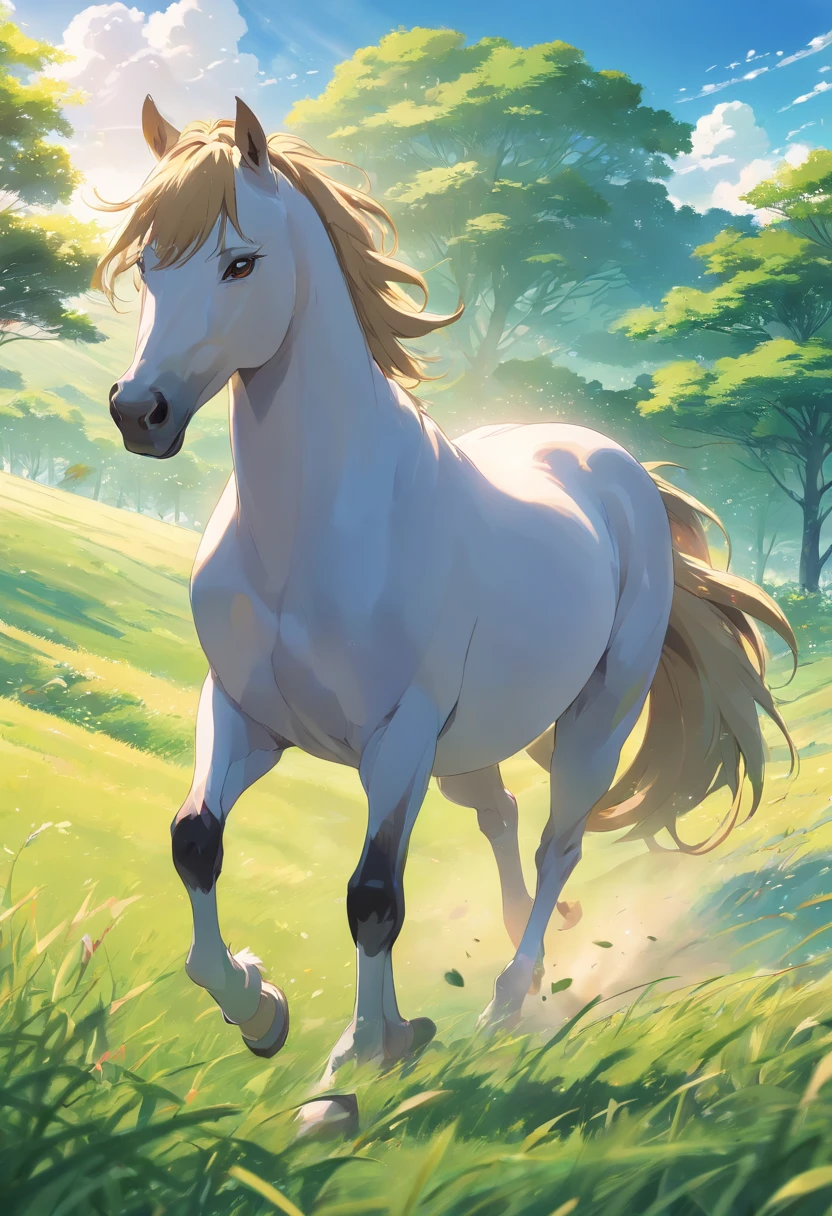 (Best quality,4K,A high resolution,Masterpiece:1.2),Ultra-detailed,Realistic,sportrait,Giant horses,Galloping stallions,full bodyesbian,elegant,Graceful,Strong presence,rippling muscles,flowing mane and tail,Curved neck and arched back,Sharp focus,intense eyes,The nostrils buzz,Hoofs hit the ground,Dust flying in the air,Graze on green meadows,Magnificent creatures,Imposing figure,Robust construction,Vivid colors,Soft lighting,Subtle shadows,neutral color palette.