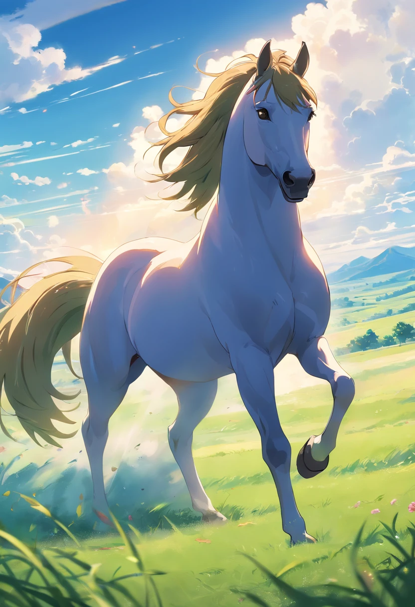 (Best quality,4K,A high resolution,Masterpiece:1.2),Ultra-detailed,Realistic,sportrait,Giant horses,Galloping stallions,full bodyesbian,elegant,Graceful,Strong presence,rippling muscles,flowing mane and tail,Curved neck and arched back,Sharp focus,intense eyes,The nostrils buzz,Hoofs hit the ground,Dust flying in the air,Graze on green meadows,Magnificent creatures,Imposing figure,Robust construction,Vivid colors,Soft lighting,Subtle shadows,neutral color palette.