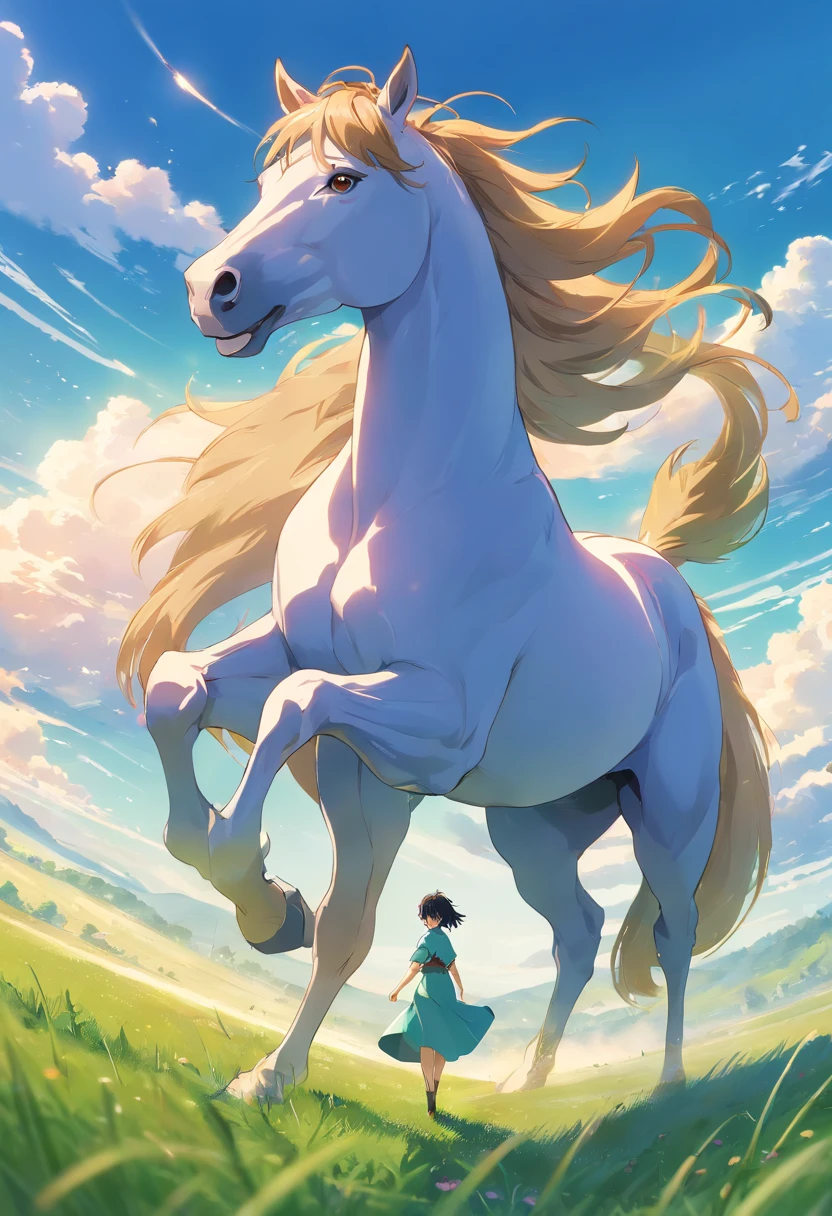 (Best quality,4K,A high resolution,Masterpiece:1.2),Ultra-detailed,Realistic,sportrait,Giant horses,Galloping stallions,full bodyesbian,elegant,Graceful,Strong presence,rippling muscles,flowing mane and tail,Curved neck and arched back,Sharp focus,intense eyes,The nostrils buzz,Hoofs hit the ground,Dust flying in the air,Graze on green meadows,Magnificent creatures,Imposing figure,Robust construction,Vivid colors,Soft lighting,Subtle shadows,neutral color palette.