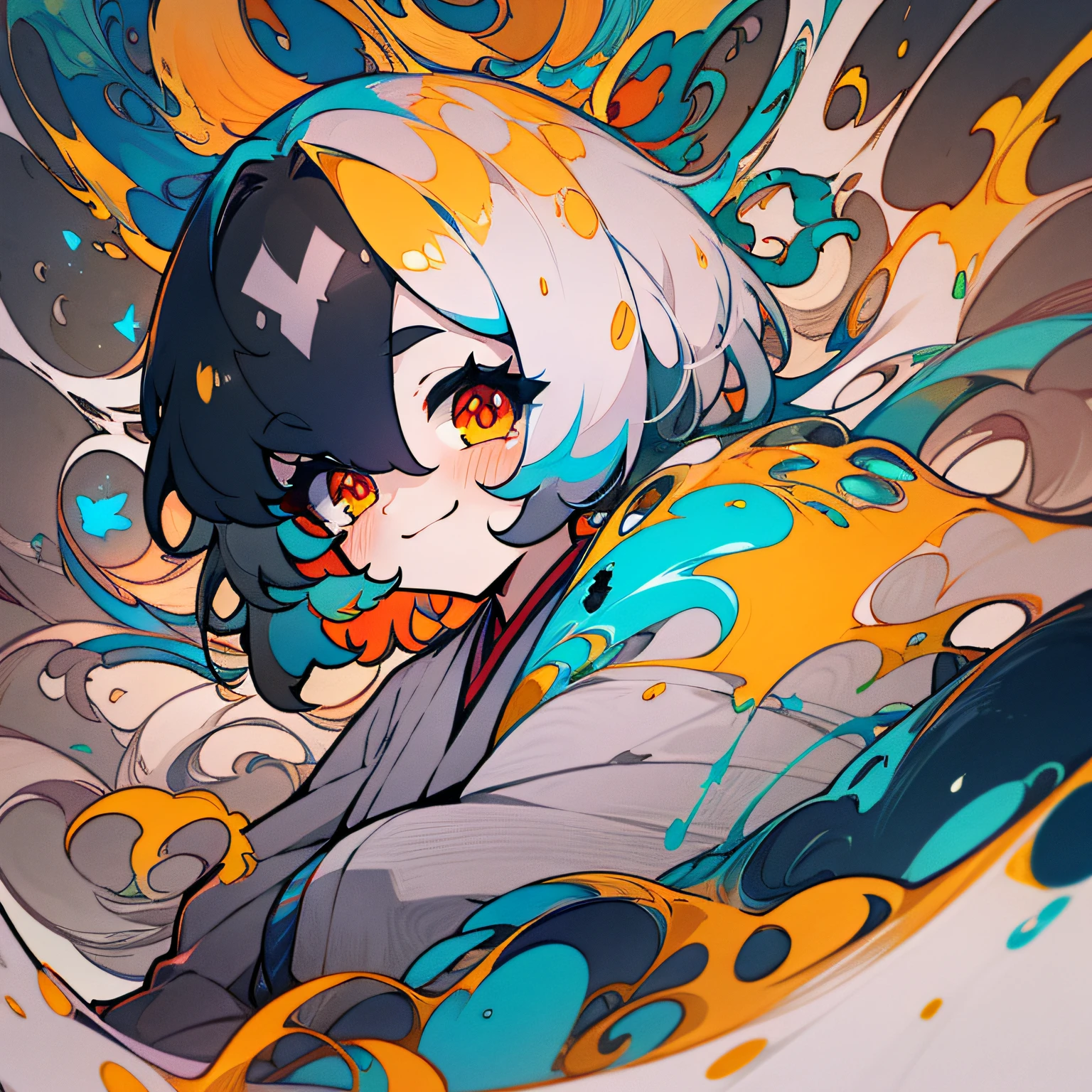 masterpiece, ultra-high quality, ( ultra detailed original illustration), in circle, ((chibi mode)),( wolf girl joyful facial expression, red eye, short hair, white hair, sunny smile, upper body, perfect body), ((kimono fashion)), ((flowers sakura)(graffiti)), double exposure, fussion of fluid abstract art, glitch, ( 2d), ( original illustration composition), ( fusion of limited color, maximalism artstyle, geometric artstyle, fire, junk art), yellow theme, background black
