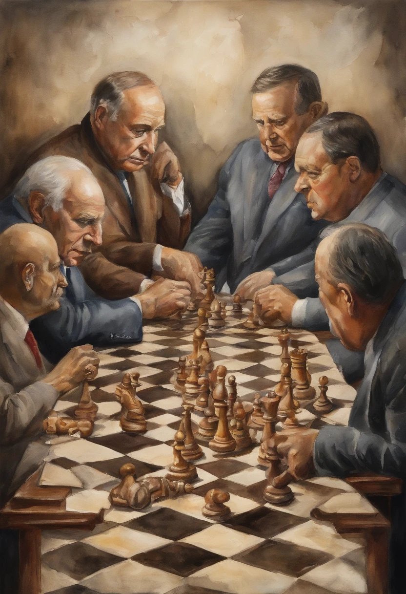 Depicts world leaders playing deadly chess games with human pawns, Illustrate the consequences of political power struggles and conflicts for ordinary people. In Pavel Kuczynski's Cyr black and white decorative painting
