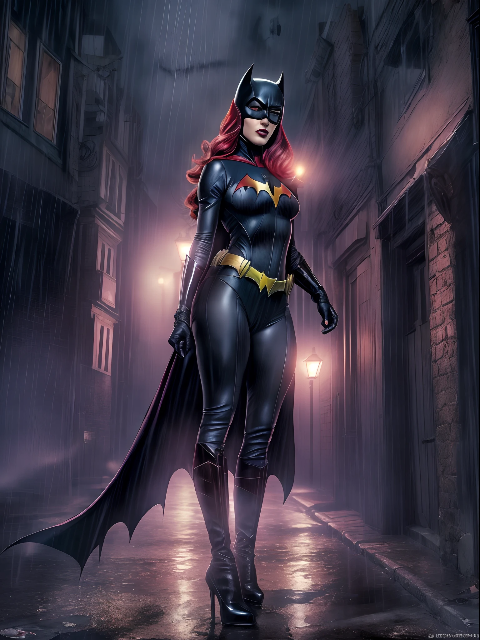 Dominatrix Batwoman wearing a skin-tight uniform with a black cape in a dark and sinister alley under a dim street light, (sensual pose with her hands on her waist), (rainy night with fog), Batgirl, bodysuit, toned body, wide hips, Allan Moore, DC Comics, gothic setting, Gottam City