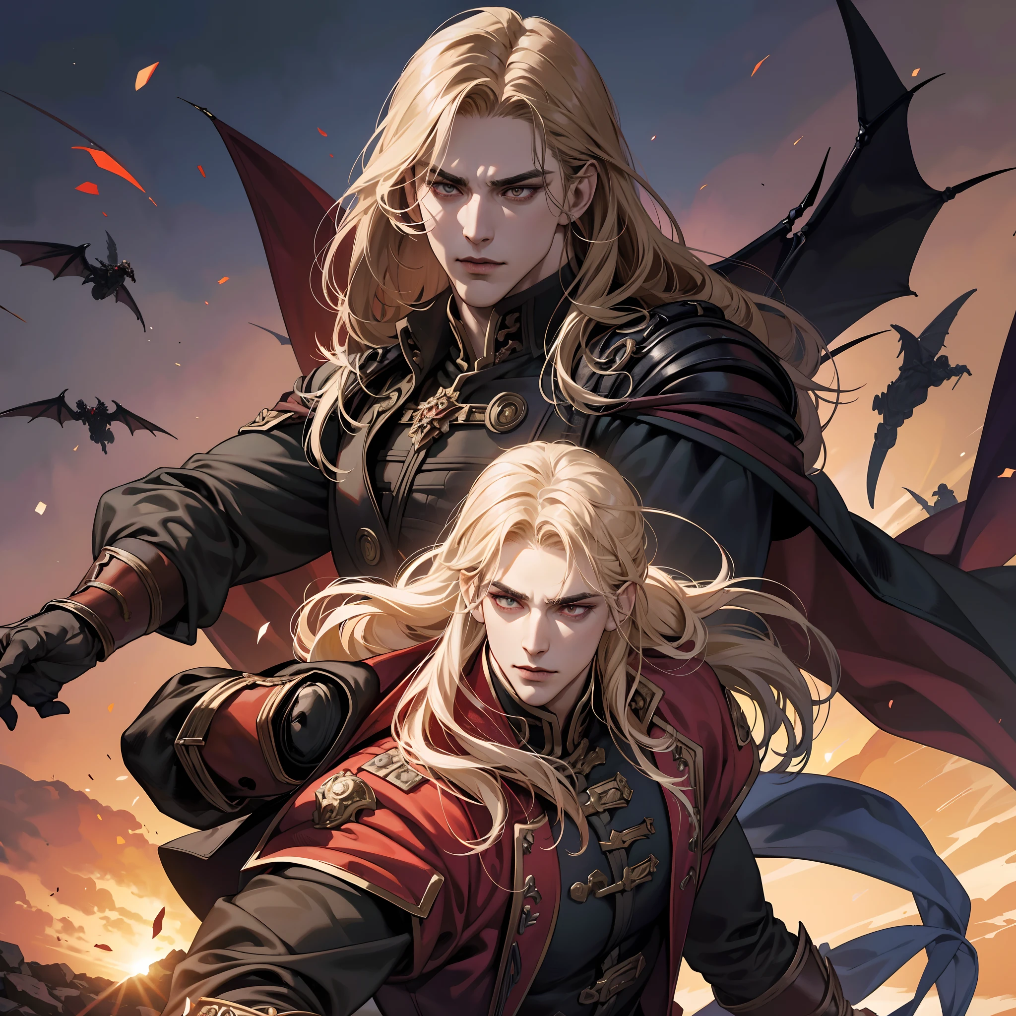 Castlevania Shadow Lord handsome muscular Lord Dracula face super detailed leading armed troops hyper realistic faces super detailed demons in war hyper realistic super detailed dynamic pose super detailed faces hyper realistic super detailed Marvel comics style medieval army