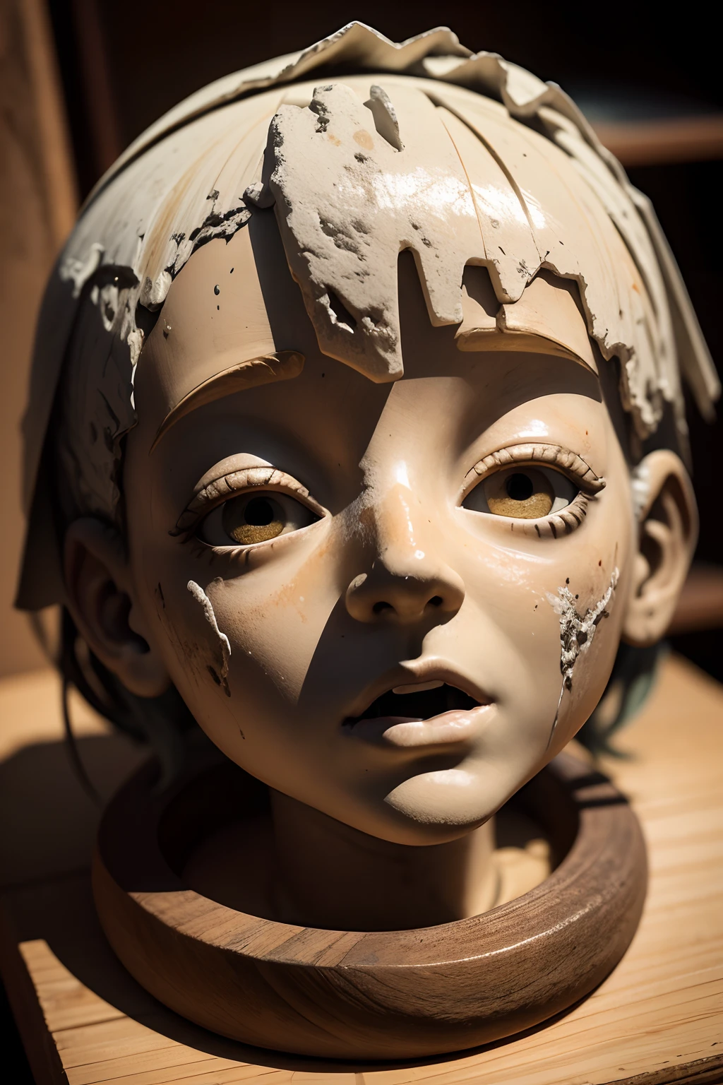 Na penumbra sombria do museu de cera abandonado, A wax head rests on a dusty shelf. Seus olhos vazios parecem seguir os visitantes enquanto a luz fraca das velas treme. The face of the molten figure is a distorted caricature of anguish, com a boca congelada em um grito silencioso que ecoa pela sala assombrada